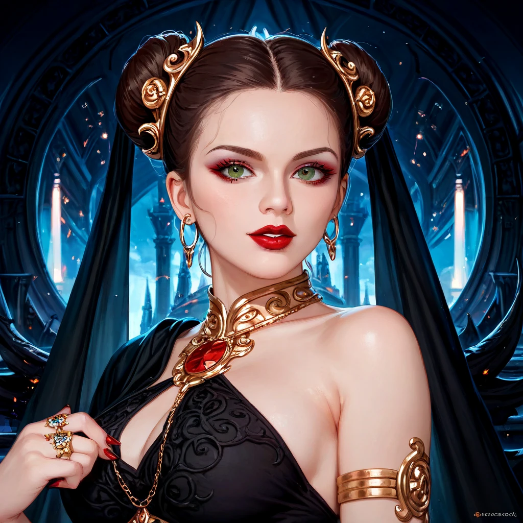 (( top quality)), ((masterpiece)), ( Details), （ Perfect Face）、Princess Leia, the young and beautiful Princess of Evil, wears a gorgeous hair ornament suitable for the Empress of the Galactic Empire, is dressed with luxurious jewelry accessories, wears a luxurious black dress in a jet black dress from the Dark Lord of the Sith, wears gorgeous and glittering accessories, and is the Dark Empress, the wife of the Evil Lord Dark Lord, wears an engagement ring, and has a wedding with Darth Sidious