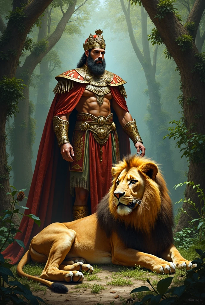 1homem,Samson, longa cabeleira, barbudo, wearing a tunic made of animal skin, sandals on his feet, On your forearms, leather clamps, manly, forte e viril, (Biblical character)ajoelhado as margens de um riacho, washing his face calmly and right behind a lion slaughtered by him, standing a woman beside him we see Delilah, Beautiful woman wearing dressed only in the purest silk and bright adornments on her arms, fingers and toes, dynamics, realista, UHD, 32k, decote, obra-prima de arte, epic scene, ultra high def, 32k, --auto --s2