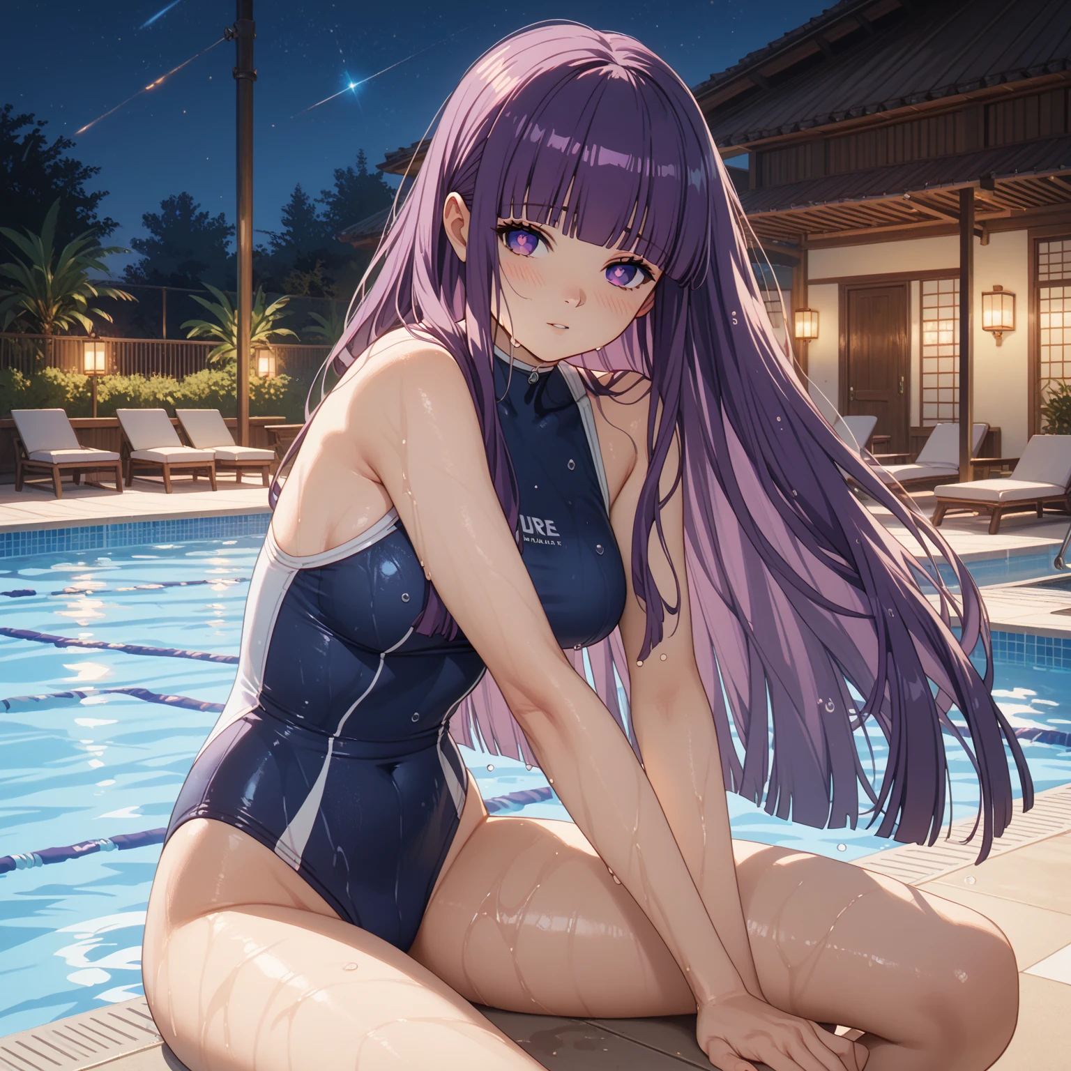 fern, purple eyes, bright pupils, white pupils, purple hair, long hair, blunt bangs, hime cut, sidelocks, one-piece swimsuit, sexy pose, blush, shy, Pose seductively, Posing provocatively, Wet body, pool, night, looking at viewer, Body tingling, Beautiful view, good atmosphere, Thigh