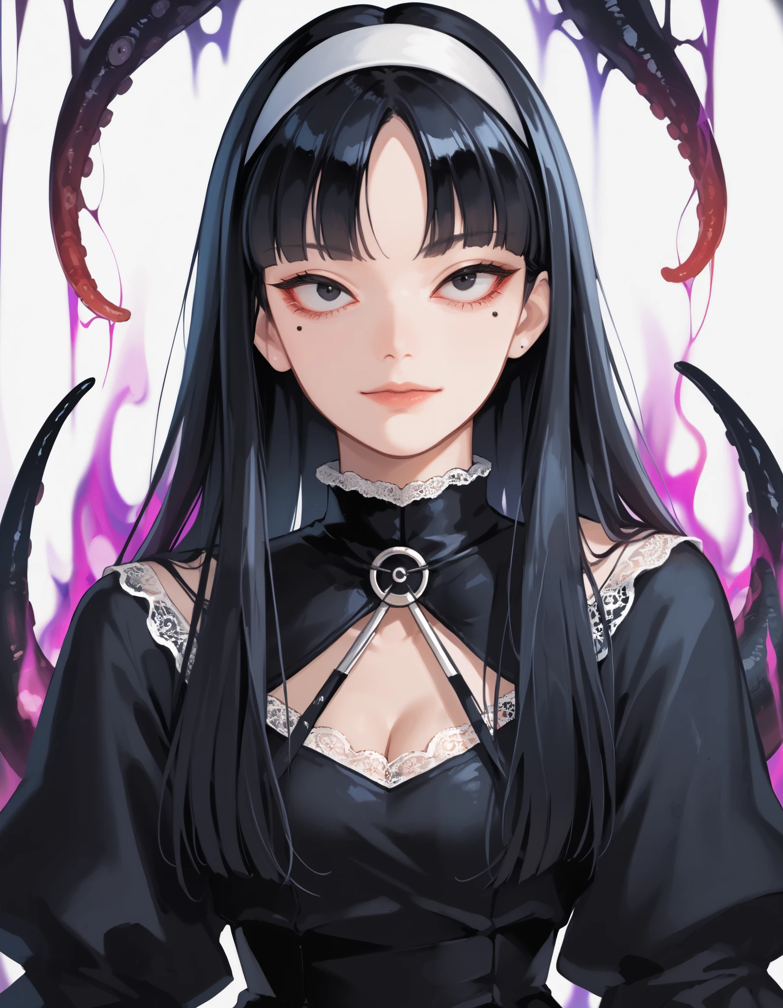 Score_9, score_8_up, score_7_up, score_6_up, source_anime, rating:general, 1girl, gothic girl, pale white skin, black eyes, black hair, long hair, blunt bangs, parted bangs, white hairband, mole under left eye, portrait, black dress (lace trim), head tilt, sultry look, mysterious, 8k quality, vivid colors, perfect lighting, perfect shadowing, SmokeyAura, Aura, Smoke, eldritch, lovecraftian, mysterious, facing viewer