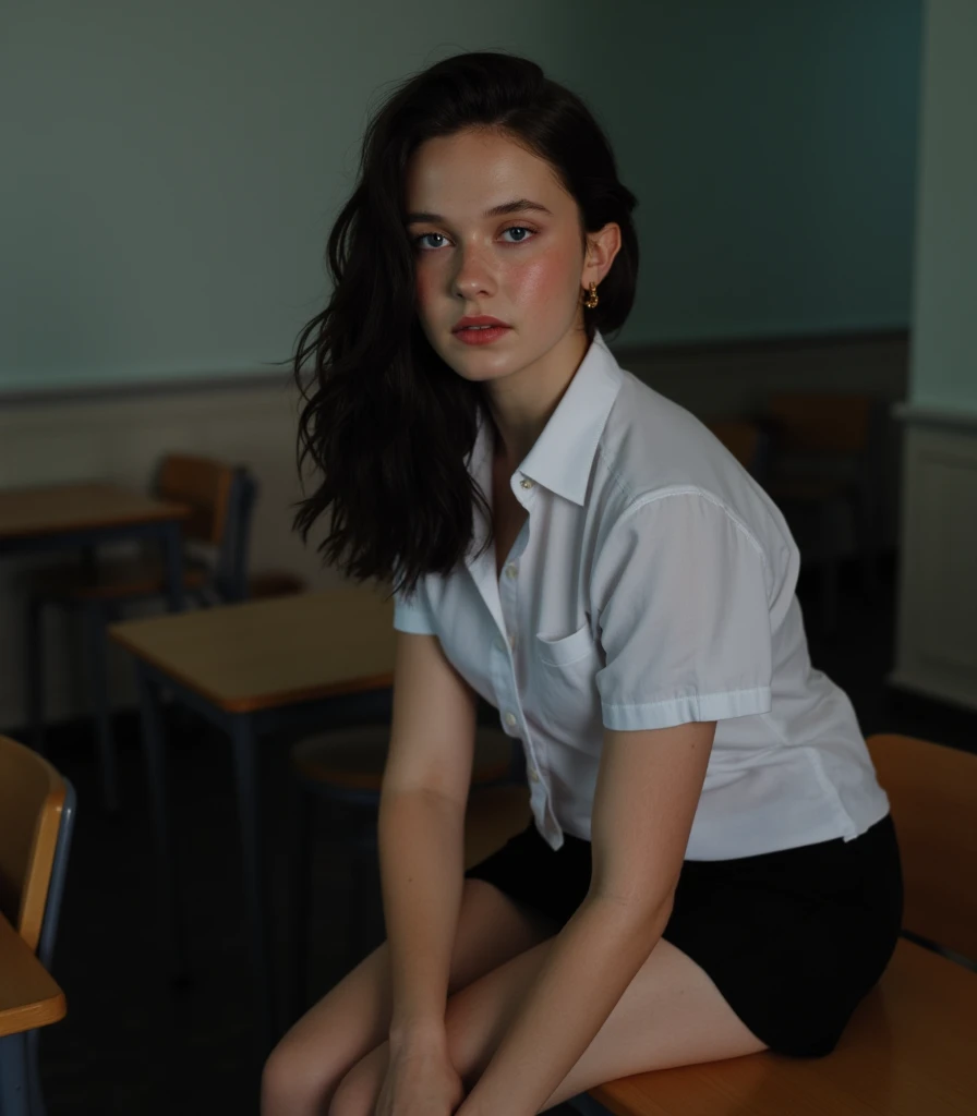 woman,free hair,realistic, looking at the camera, 18 years old,  masterpiece, best quality, illustration, super detailed, Fine details, alta resolución, 8K,, Perfect dynamic composition ,(Details High quality, Realistic representation of the eyes :1.3), ( white school shirt :1.2), mini skirt, tall black stockings, long hair, curly hair, school,Big Breasts , black hair color , large lips in natural color , ( perfect body shape ), 20 year old girl、cute girl、Beautiful legs , gravure idol , ((cleavage)), (( busty )), (( big   )), pretty face, beautiful face , full body, pose sexy, beautiful nose, sexy, hot, bed, sitting on chair, Desk, ((Desks)), ((Classroom)), ((students)), ((((crowd)))), , hoop earrings, ((thick thighs)), (wide hips), whore, final, hooker, Thot, Instagram , Schoolgirl, school uniform, (((night))), Dark,  (freckles), (((midriff)))
