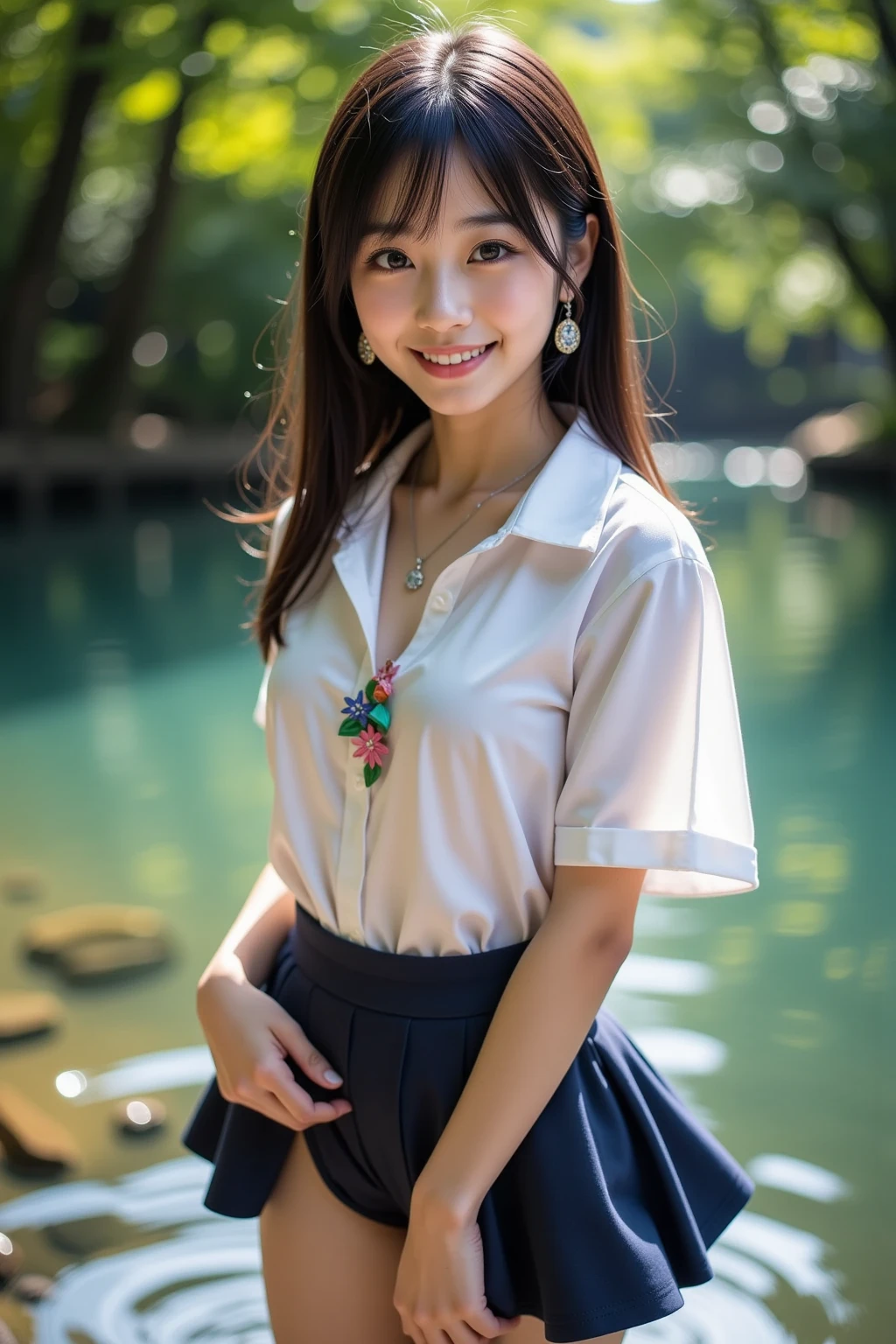 (masterpiece:1.2, top quality ,real photo),16years old , japanese ,girl,break,,,(not nsfw ,,school uniform,lift skirt:1.5),break,(water splash:1.2),break,(on the bank of spring,forest,,no nipples:1.3),break,(smile:1.),break,(  pose,petie,, fancy earrings, necklace ,, small chest ,  ,  ,  .:1.1),(short height, Very Slim Body,pale skin,soft skin :1.2),break, black hair,long hair,(Beautiful and cute eyes),Blushed,  healthy skin, ,break,( Watch Viewers .throw:1.3),(sea:1 ),8k resolution,,break,(perfectly focused :1.3),,(, colorful ,:1),,( depth of field ),,Bokeh,A small bikini with a ,Luminous and  colorful  lighting setup for model photography,lens flare,, cinematic lighting,   ray tracing 、