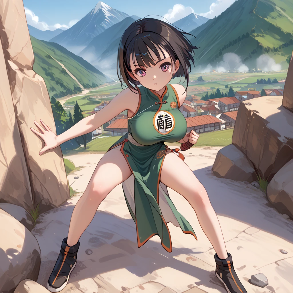 landscape, mountain, BREAK, skinny, 1 ***ite girl standing, fighter_dq3, (bouncing large breasts), (open legs), looking at viewer, BREAK, black short hair, large breasts, too short torso, too short waist, too narrow waist, skinny legs, very long legs, BREAK, green chinese dress, bared long legs, bottomless, slit, BREAK, nsfw