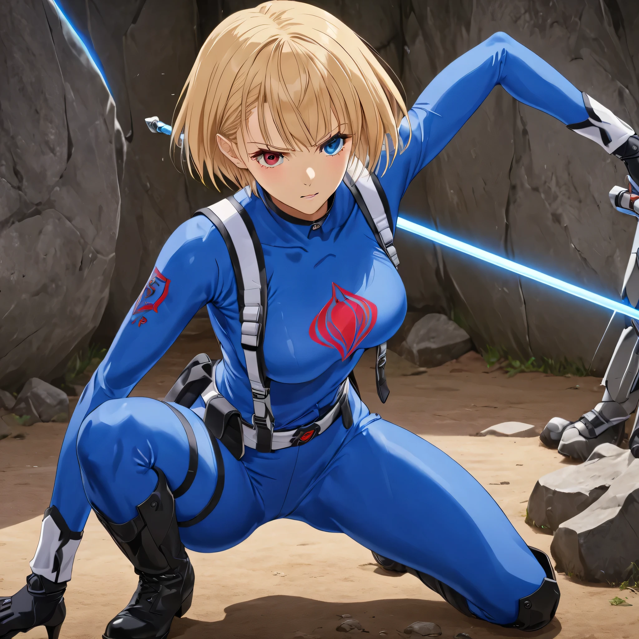 (((Masterpiece))), (((Best Quality))), ((Super Detail)), ultra-High resolution, score_9,score_8_up,score_7_up,score_6_up,score_5_up,score_4_up, BREAK, source_anime, anime screencap, uncensored, rating_explicit, Masterpiece, curvy, dark persona, looking at viewer, full body, emotionless, Fighting Stance, cobratroop, blue bodysuit, red symbol, blue helmet, face mask, suspenders, belt, knee pads, boots, shirai hinako, reflector1, heterochromia, blonde hair, short hair