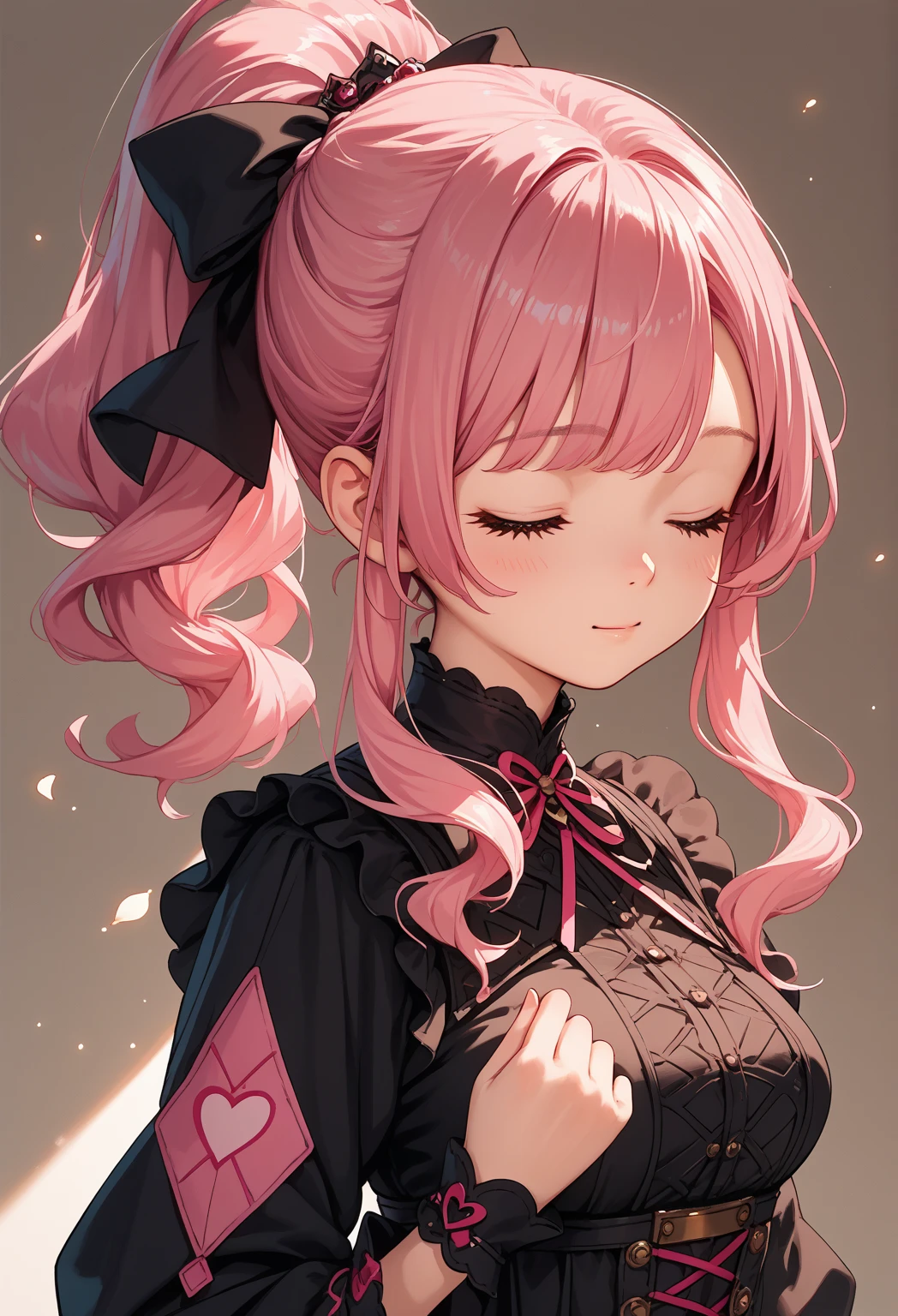  score_9, score_8_up, score_7_up,source_anime,1cute girl, pink hair,  pattern 、 ponytail, Black Ribbon,,   Medium Breasts, cute black outfit, miniskirt ,  eyes closed