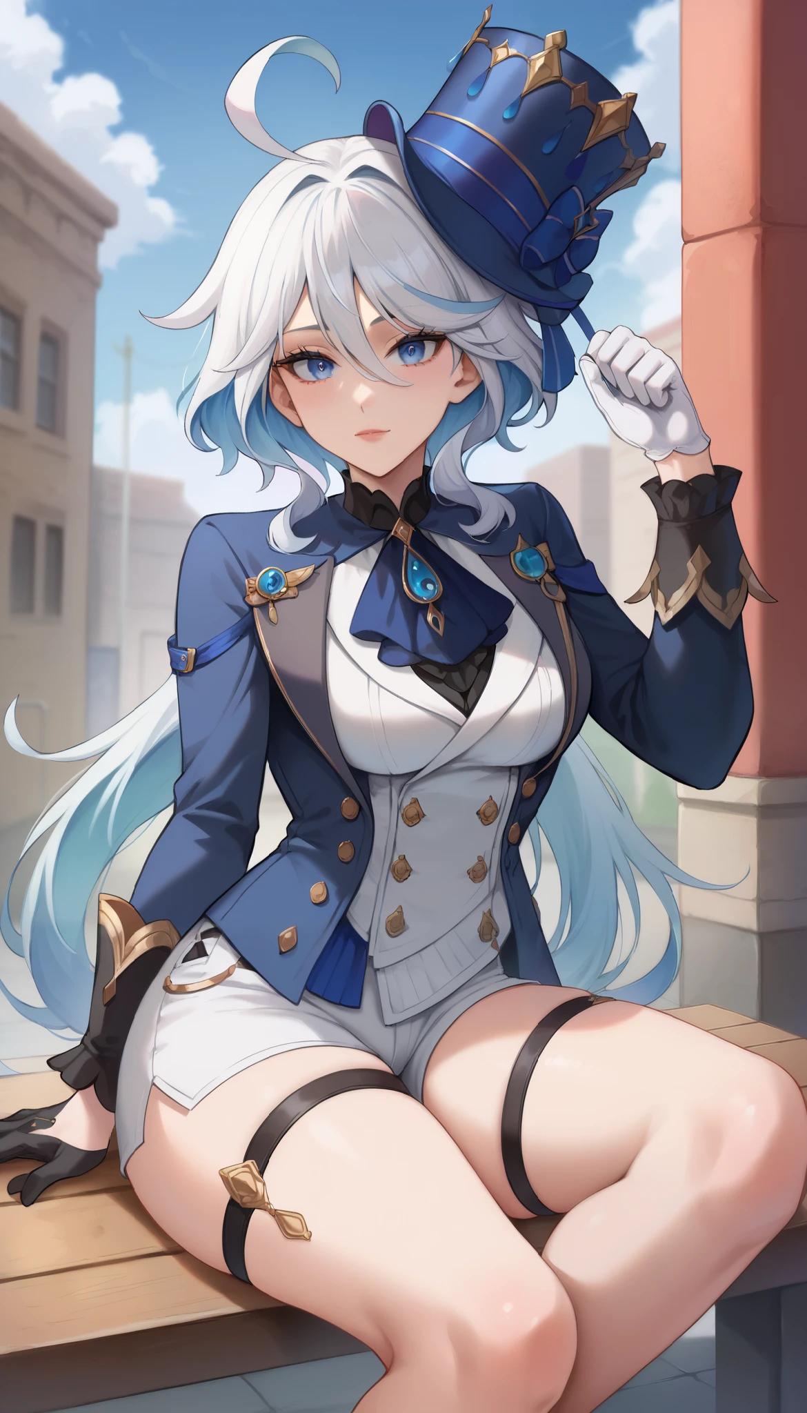 portrait of a girl in the style Sciamano240, furinadef, ahoge, blue headwear, top hat, jacket, ascot, brooch, long sleeves, black gloves, white gloves, white shorts, thigh strap, asymmetrical gloves, black gloves, frills, gloves, half gloves, hat, shorts, tailcoat, thigh strap, top hat, white gloves, white shorts, Very detailed, Beautiful heterochromatic eyes, sexy, large breasts, wide hips, slim body, blue and white costume, streets, city, sitting on bench, crossed legs, horny, horny face, lustful eyes, young, full body view, whole body view, full body