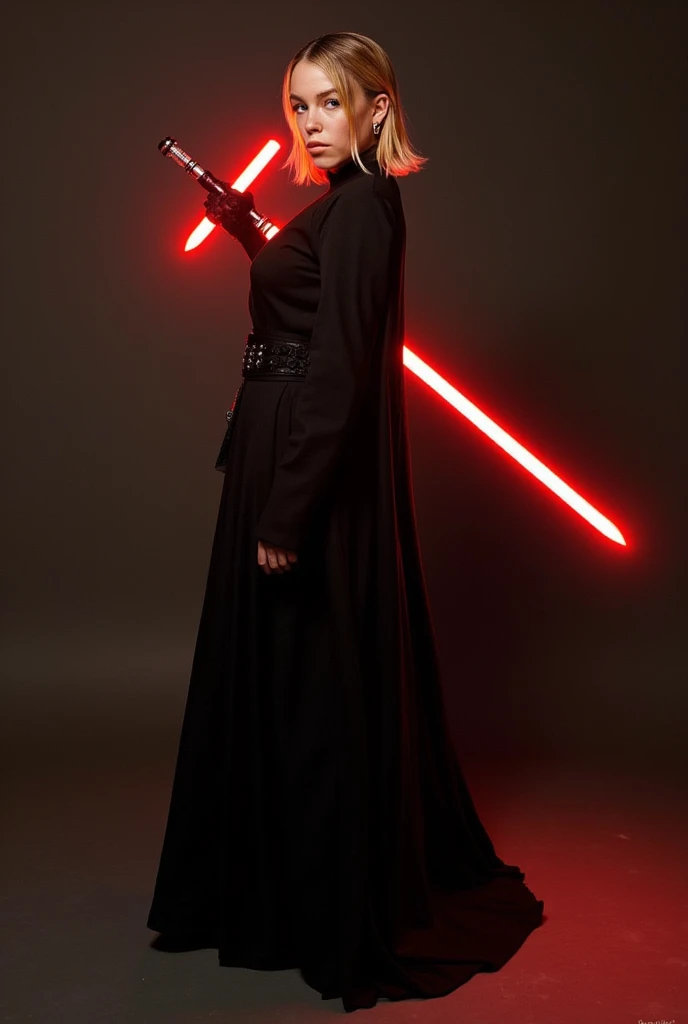 Milly Alcock, shoulder length blonde hair, sith eyes, black sith robe dress,holding a red lightsaber,portrait 