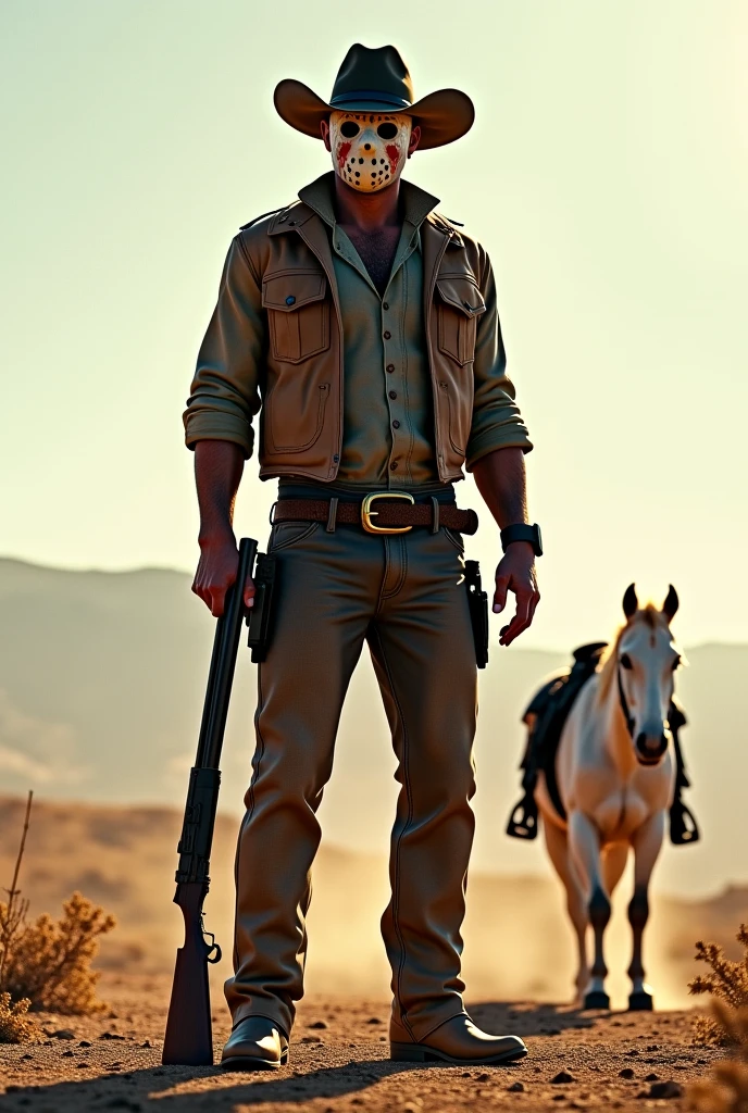 A young handsome man standing in the desert with many horses running behind him
