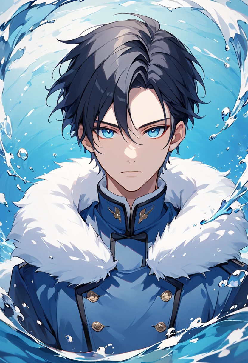 solo, handsome, 1 male, blue coat, white fur, short hair, black hair, blue eyes, Avatar, water