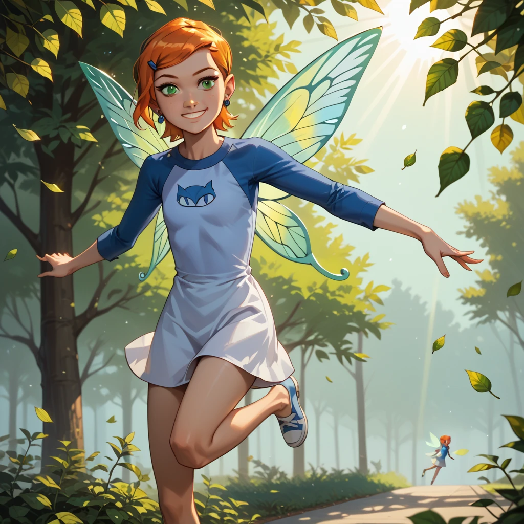score_9, score_8_up, score_8_up, solo, female , fairy, fairy wings, gwen_ten, orange hair, short hair, green eyes, earrings, hairclip, raglan sleeves,  gossamer dress, flying, smile, sunlight, shadows, natural lighting, leaves