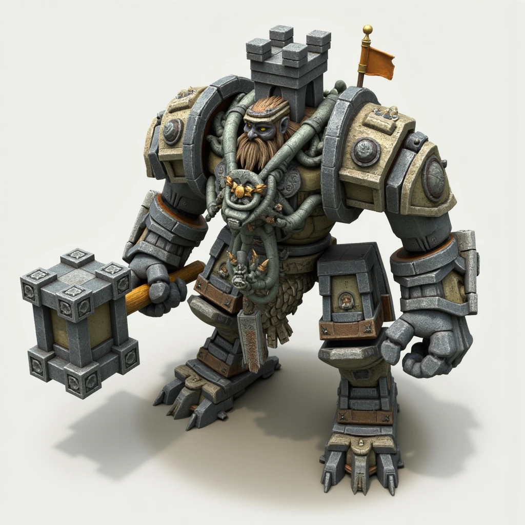 w3r, isometric,  massive stone giant, his body consists of stone castle parts, Rook from the Demigod video game, he is weilding huge stone warhummer, epic shot,  full body, simple background  