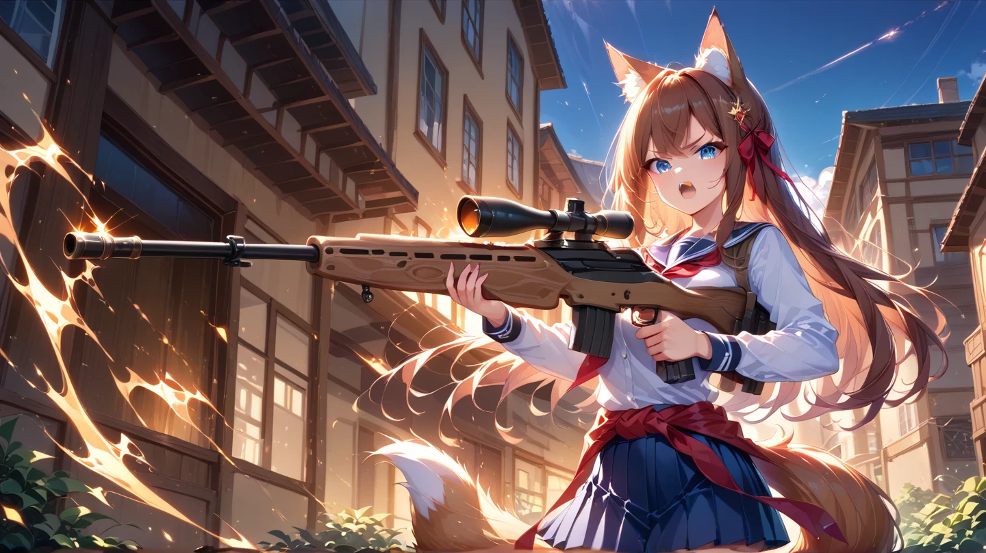  1 girl、 long hair、 blue eyes、 brown hair、Fox Ears、tail、whole body、 school uniform、 red ribbon 、 anime style、 miniskirt 、Holding a sniper rifle