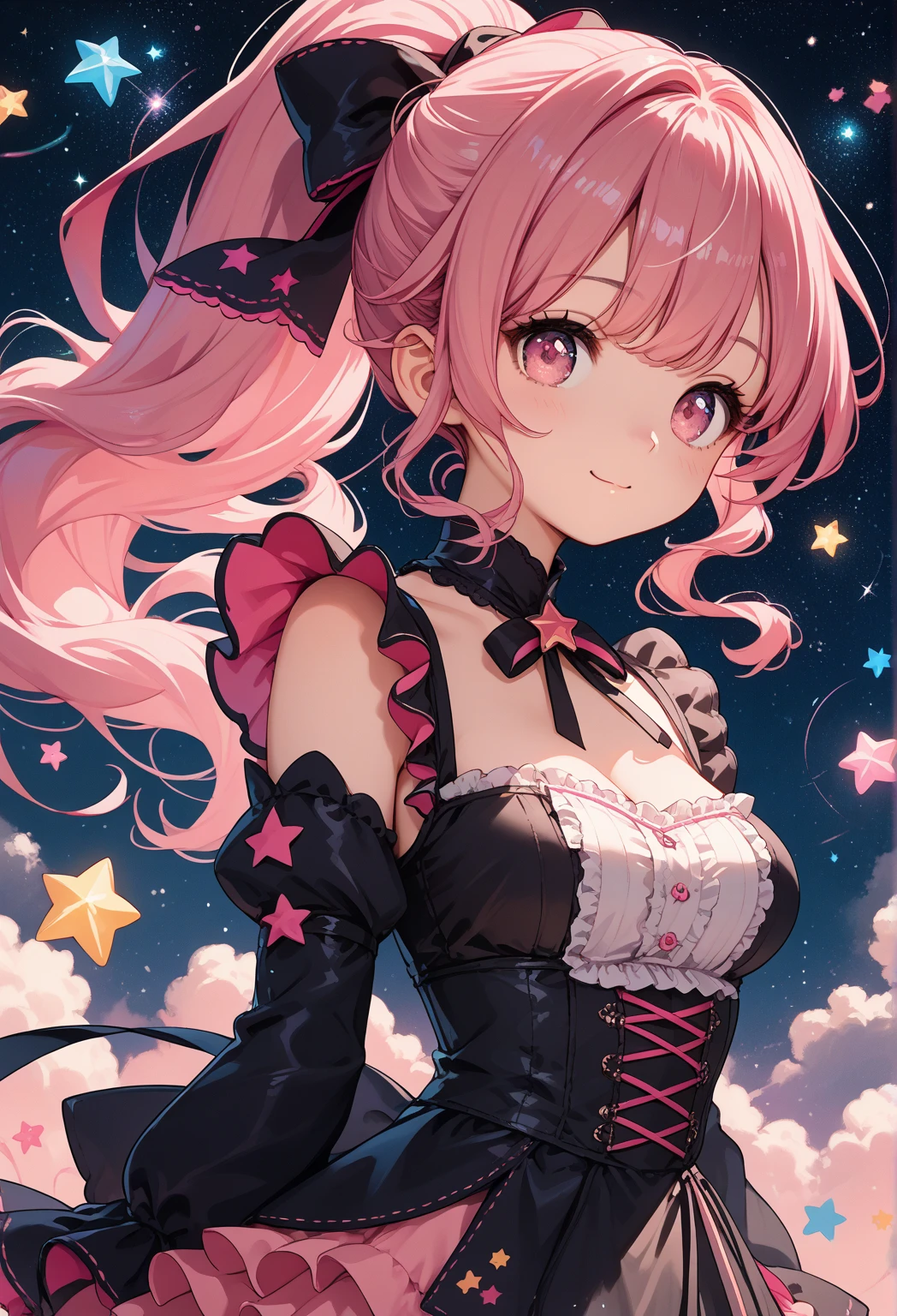  score_9, score_8_up, score_7_up,source_anime,1cute girl, pink hair,  pattern 、 pink eyes, ponytail, Black Ribbon,,   Medium Breasts, cute black outfit, miniskirt , full of stars