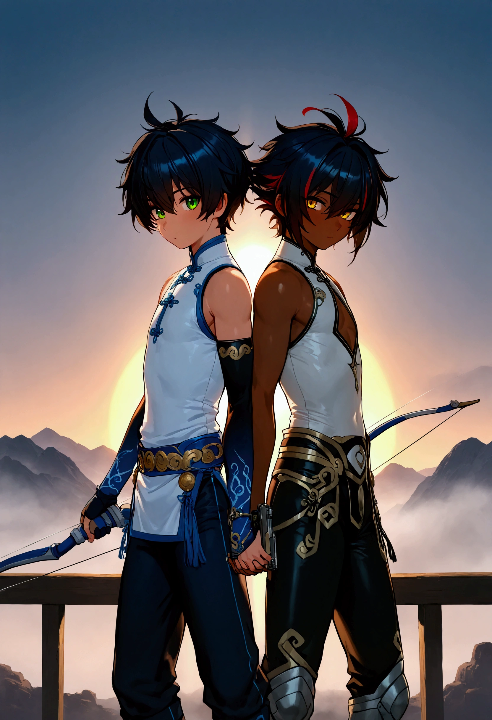2boys, male, 1 silver short messy hair with red streaked and shine dark skin and green eyes boy grip (handgun:2.0) and 1 silver short messy hair with black streaked and shine dark skin and yellow eyes boy grip bow(weapon), wear white sleeveless qipao with blue edge line, black short pants, black arm covers, chest cutout, open legs, standing in front of metal handrail, cyberpunked, mountain, sunrise, sun, dramatic lighting, fog, masterpiece, best quality, symmetrical pose