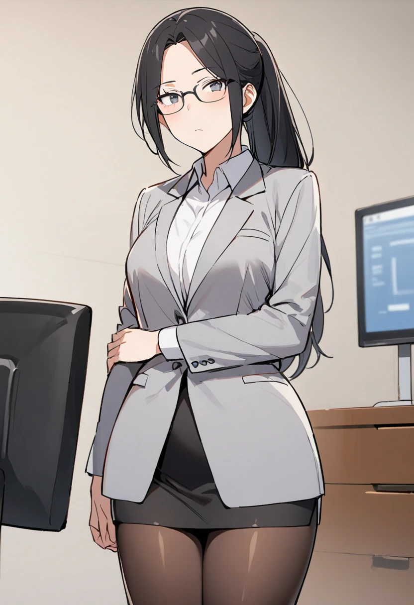  one woman(older boss ),Plain face,Glasses, ponytail, black hair, smallsaggy tits, office suit, pantyhose,Body type that is too thin, office background