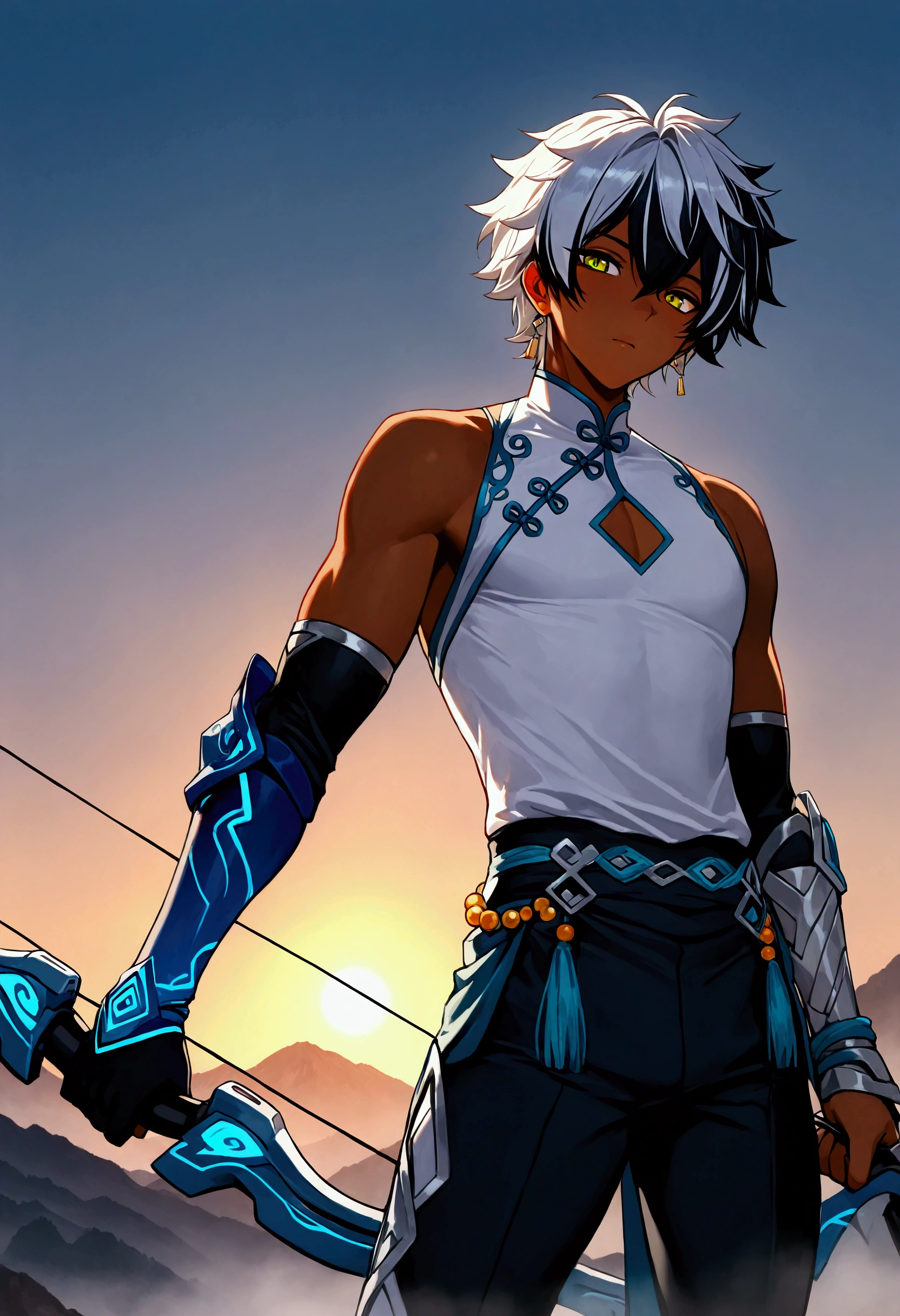 2boys, male, 1 silver short messy hair with red streaked and shine dark skin and green eyes boy grip long gun and 1 silver short messy hair with black streaked and shine dark skin and yellow eyes boy grip bow(weapon), wear white sleeveless qipao with blue edge line, black short pants, black arm covers, chest cutout, open legs, standing in front of metal handrail, cyberpunked, mountain, sunrise, sun, dramatic lighting, fog, masterpiece, best quality