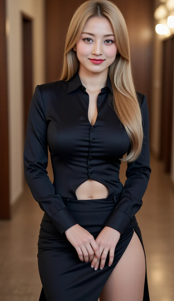 A woman, sitting body facing forward, whole body, both hands above the thigh ,  using formal shirt of black color, black latex long skirt,  does not use shoes, lips red color black , smiling beautiful ,  long blonde hair 