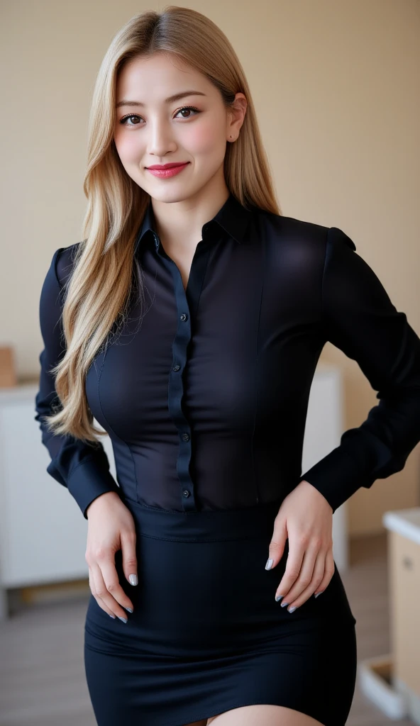 A woman, sitting body facing forward, whole body, both hands above the thigh ,  using formal shirt of black color, black latex long skirt,  does not use shoes, lips red color black , smiling beautiful ,  long blonde hair 