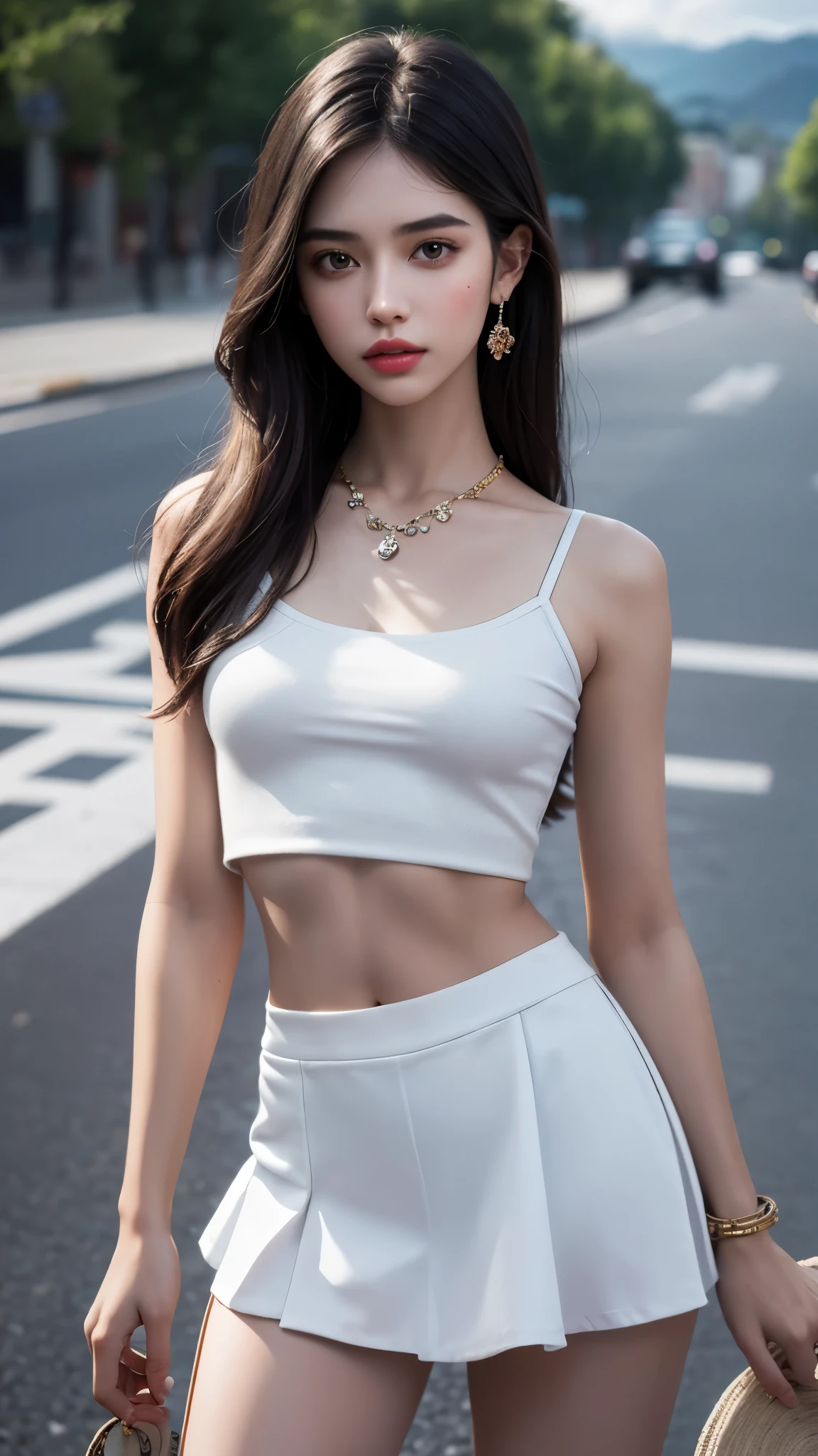 Ariana Grande, beautiful, white crop top shirt, super short leather skirt, posing for photos on the street