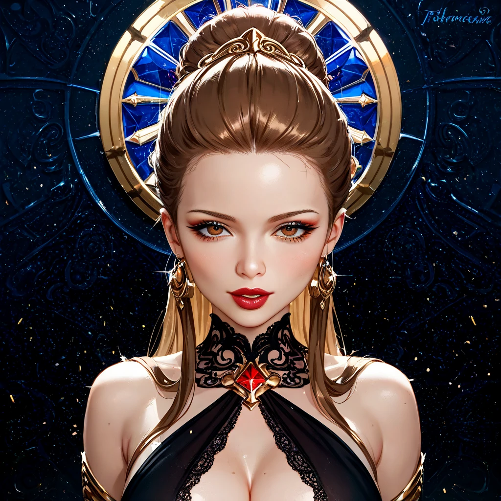 (( top quality)), ((masterpiece)), ( Details), （ Perfect Face）、Yuki Asuna, who has the bright brown hair of a young and beautiful princess with Princess Leia's hairstyle, wears a luxurious hair ornament suitable for the empress of the Galactic Empire, is dressed with luxurious jewelry accessories, wears a luxurious and sexy see-through black jet black see-through dress from the Dark Lord Princess of the Sith, wears luxurious and glittering accessories, and is wearing a glamorous and glamorous charm and sex appeal, the Dark Empress, the wife of the Evil Lord Dark, and wears an engagement ring