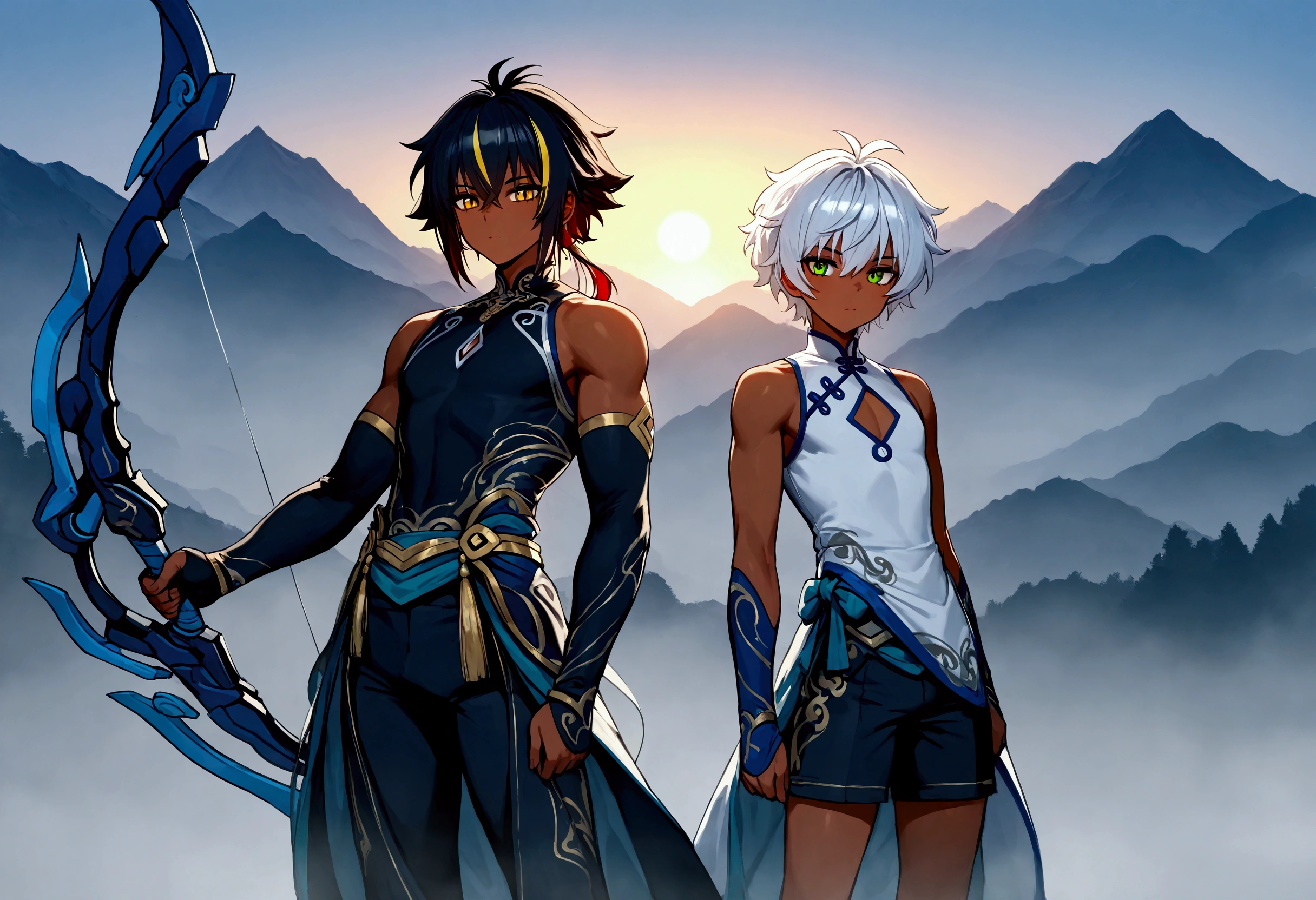 2boys, male, 1 silver short messy hair with red streaked and shine dark skin and green eyes boy grip long gun and 1 silver short messy hair with black streaked and shine dark skin and yellow eyes boy grip bow(weapon), wear white sleeveless qipao with blue edge line, black short pants, black arm covers, chest cutout, open legs, standing in front of metal handrail, cyberpunked, mountain, sunrise, sun, dramatic lighting, fog, masterpiece, best quality