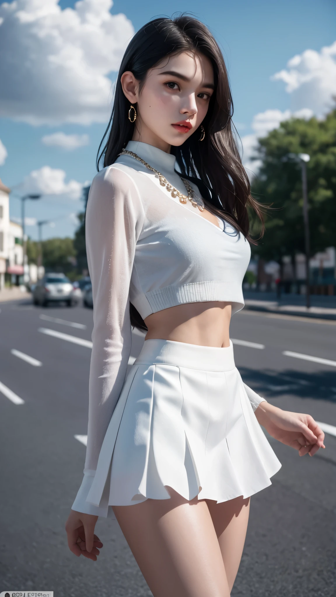 Foto hiperrealista en primer plano de Kim Joo, masterpiece, best quality, (photorealistic:1.4), full body, (white long sleeves crop top:1.2), (white mini skirt:1.1) heels, in the New York Central Park, sunny day,cinematic light, beautiful woman, skinny, large big breasts, black long hair, detailed face, smile, facing the camera, photo taken from a distance, age of 25 years old