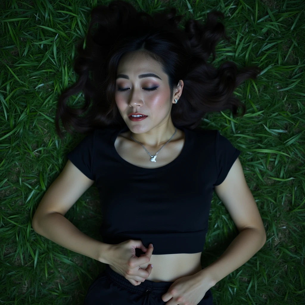 Top-down, full-body view of karfuku, lying unconscious and defeated on a bed of lush, green grass, her body broken in exhaustion and despair. Her signature hair has come undone, strands of tangled and messy hair spilling around her head. Her face tells a haunting story – eyes closed tightly, her brows furrowed with pain and anguish, the faint trace of tears staining her cheeks, as if mourning an unbearable loss. She is dressed in a sleek, short-sleeved crop top, distressed black training pants, and worn sneakers, her minimalist makeup smudged from the ordeal. Delicate silver earrings glint softly, along with a small pendant lying against her collarbone, its brightness contrasting with the scrapes and bruises marking her exposed skin.