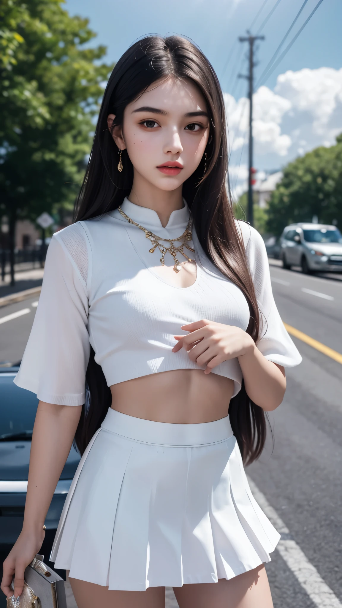 8K, ultra hd, masterpiece, 1 girl, 18 years old, good face, very long hair, detailed eyes, detailed lips, small breasts, ((short mini skirt)), ((white skirt)), sardine, ornament, jewellery, antique jewellery, loops, straps, dim lighting, cloudy weather, beautiful, ((light reflection)), in the road, RTX 4090, ray tracing, bloom, front body pose,