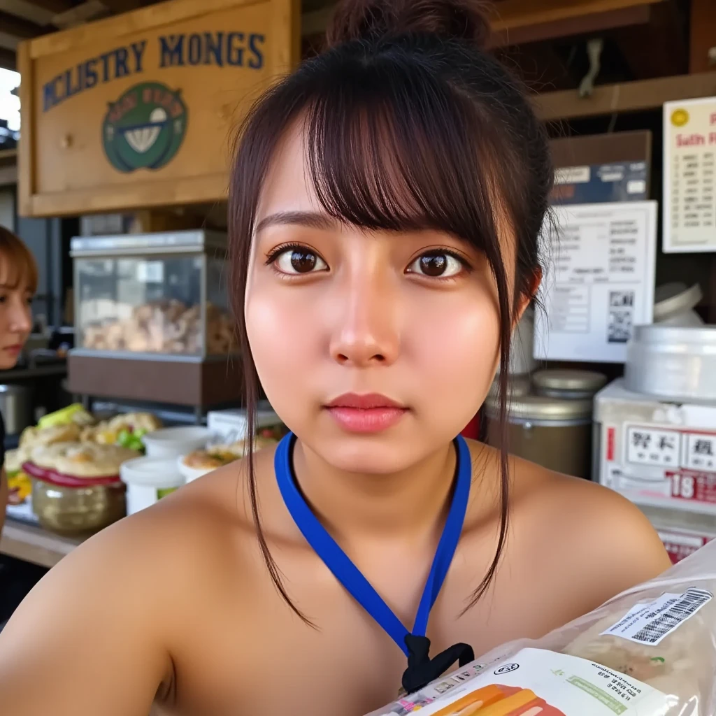 Highest quality, Masterpiece, ultra high definition, (realistic: 1.4), raw image, detail face, 1 woman,( small Street Food Stall traditional type, wooden roof with a signboard words "Food Stall", curtain, old food market, she is selling ramen, coke, ice water, dumplings )