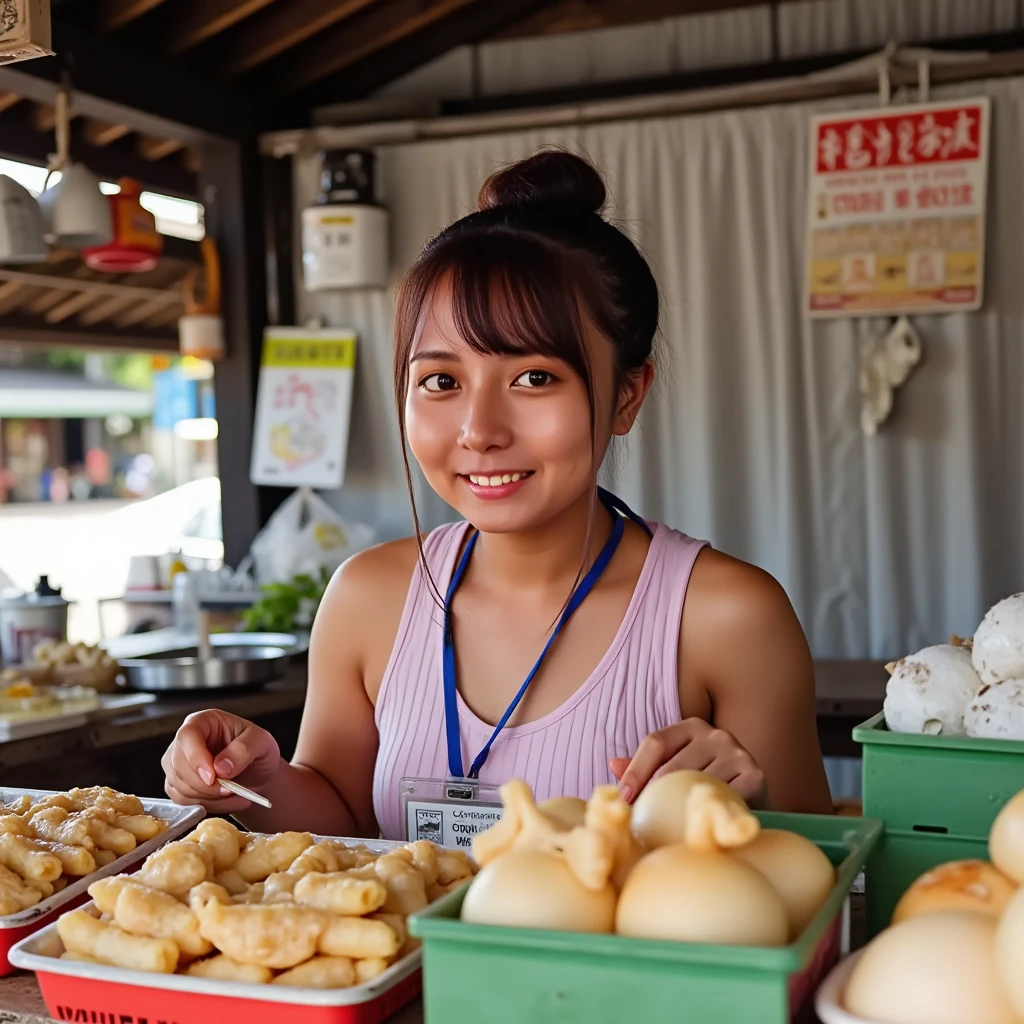 Highest quality, Masterpiece, ultra high definition, (realistic: 1.4), raw image, detail face, 1 woman,( small Street Food Stall traditional type, wooden roof with a signboard words "Food Stall", curtain, old food market, she is selling ramen, coke, ice water, dumplings )