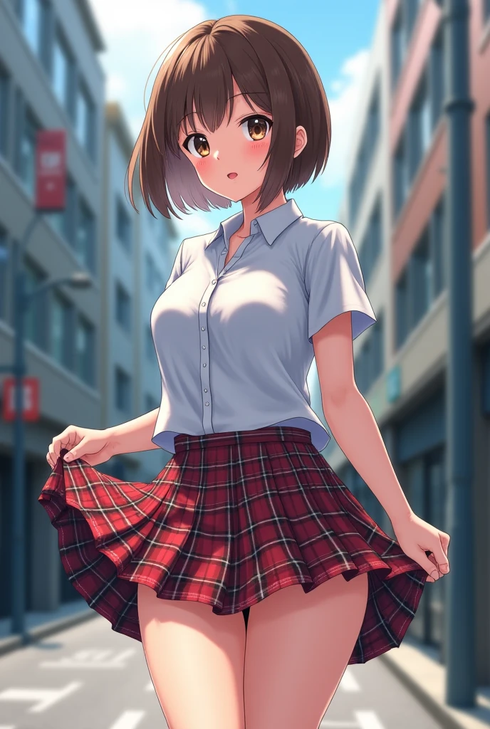 one woman, alone, middle aged, きれいなmiddle agedの女性、I could see the whole body、 ((short hair)), ((brown eyes, beautiful eyelashes, realistic eyes)), ((detailed face, blush:1.2)), ((smooth texture:0.75, realistic texture:0.65, realistic:1.1, Anime CG style)), ((glamorous body)),(( big breasts)), dynamic angle, perfect body, ((purple transparent ribbon, red skirt))、(Hotel stairs)、that'the wind is strong、(Very embarrassing panic smile)、looked back、I can see her ass sticking out in front of me....、Angle looking up from the bottom of the stairs、 (((The wind pulled up my skirt、My butt is now completely visible....、Pink floral panties)))、((table top, highest quality, High resolution, perfect pixel, 4K,))),
