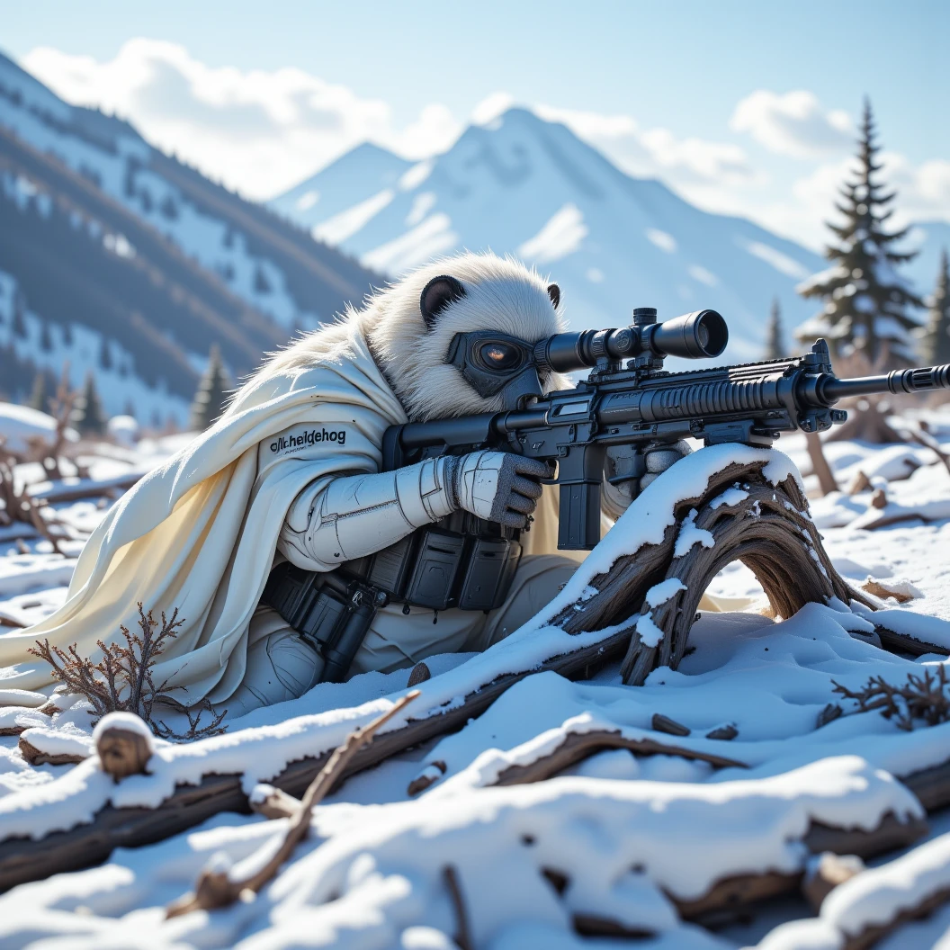 A large, muscular snow white hedgehog sniper donned in modern snow camo armor with a white cloak. Laying on his belly in a prone position, looking through the scope of his long sniper rifle. Resting his rifle on fallen, snow covered trees, providing cover. Camouflages in snow. Dynamic pose. Scanning a snowy landscape for enemies. Mountain range in the distant background. The name "CLT Hedgehog" etched boldly on his armor. High Resolution, Masterpiece, UHD, Character Design, Conceptual Art, Digital Art, Hyperdetailed, Hyperrealism, Depth Of Field, Image Fill, Cinematic Lighting.