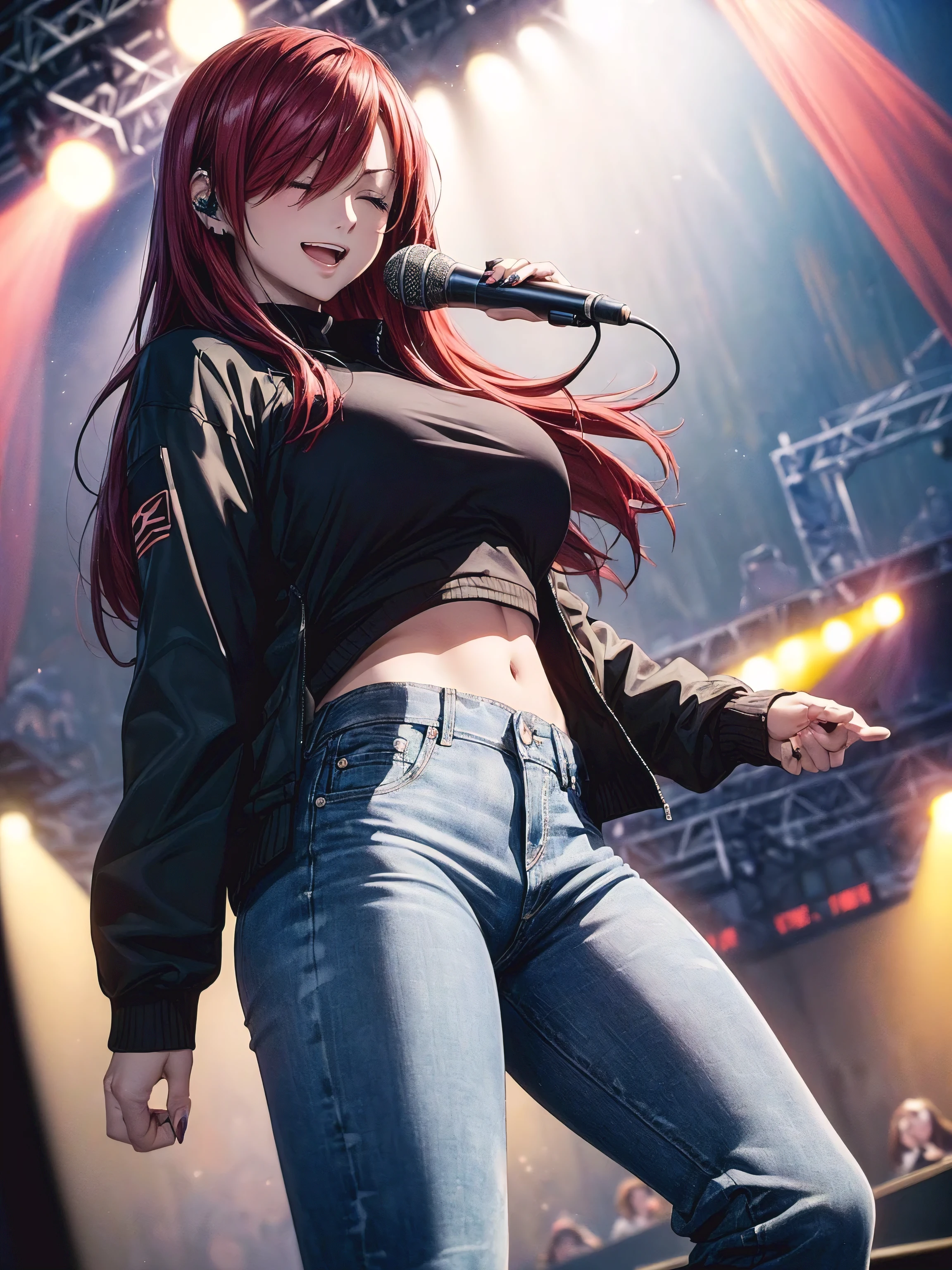 Erza Scarlet, (((red hair, long hair, hair over one eye, close eyes))), ((((black shirt, black jacket, jeans, stage concert, singing:1.5, on stage, vocalist, stand mic)))), has model style, oppai, full cosplay, Ultra HD Quality, ((sharp face)), official art, beautiful, ((mature, 30 years old)), evil smile, ((big round breast)), perfect body, ((Ultra HD Quality Wallpaper, HD picture, 16k Quality Wallpaper)), 1 female, solo, female, ((1 woman, 1 female, ((solo)), one female, 1 woman)), detailed face, detailed art, (((model pose))), (((on stage:1.5)), half body, (((Evil Smile))), (((masterpiece, best quality:1.2))), 1girl, solo, ultra high resolution, 8K, 16K, ultra high quality, RAW photo, ((extremly detailed)), high quality, charm, asian girl face, beautiful, the best lightin, the best proportion pose, soft light, natural light, detailed light, realistic light, Professional, Amazing, the best visual, enhance, ultra-high detail, 8K, 16K, ultra-high realistic, high resolution, the best resolution, high rendering realistic, detail hands, detail anatomy, detail face, detail body, (high detail), detail arms, (high detail fingers), the best proportions, detail nails, (detail intricated), ((potrait)), the best pictures, the best images, hdr, dslr, fix , fit, full color,