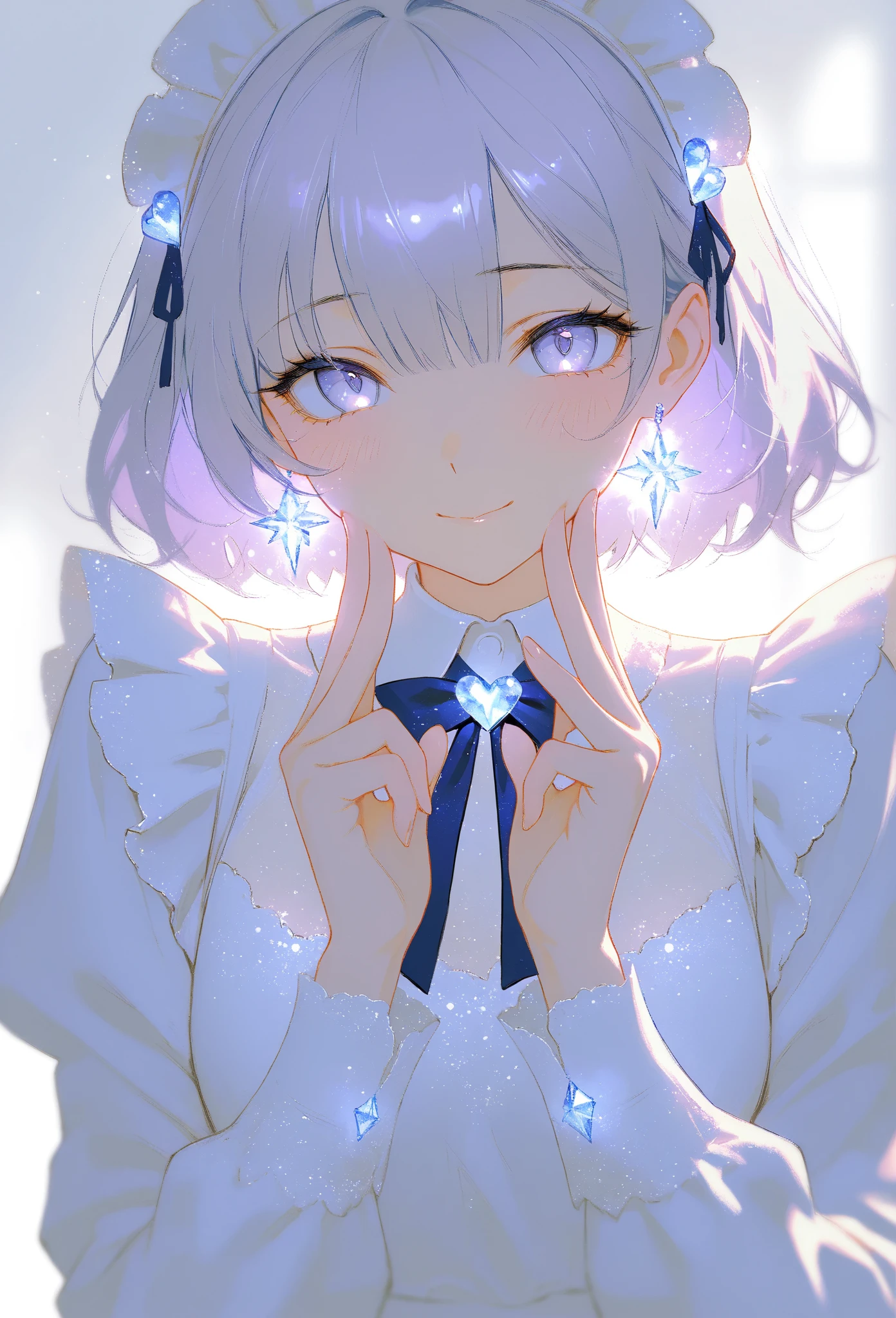 (masterpiece, best quality, high resolution, 8k, detailed),(masterpiece, best quality, high resolution, 8k, detailed), A cheerful young girl with light lavender hair styled in straight bangs, wearing a blue and white maid outfit. She has a soft smile and is making a peace sign with her fingers close to her face, exuding a playful and endearing energy. Her large, gentle eyes have a hint of sparkle, with a light blush on her cheeks. A heart-shaped decoration floats beside her, adding to the lighthearted, warm atmosphere. The colors are soft and muted, with a painterly style that brings out a sense of nostalgia and charm