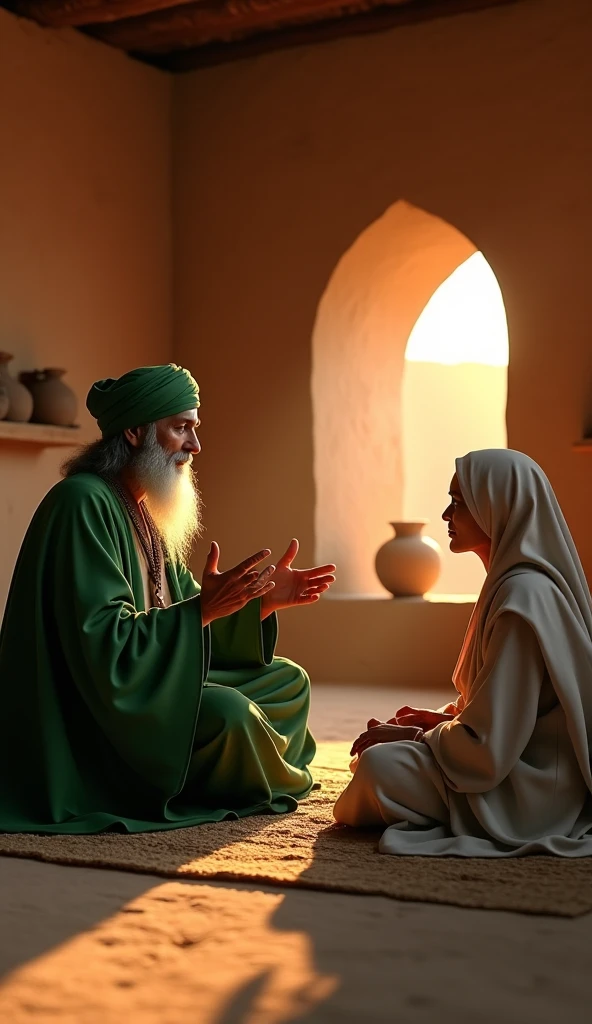 An Indian priest going into a house and asking a woman for soil outdoor