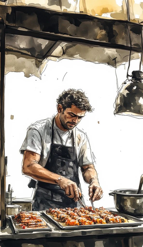 a photograph of a man in apron making satay in his food stall, roofed food stall, white background