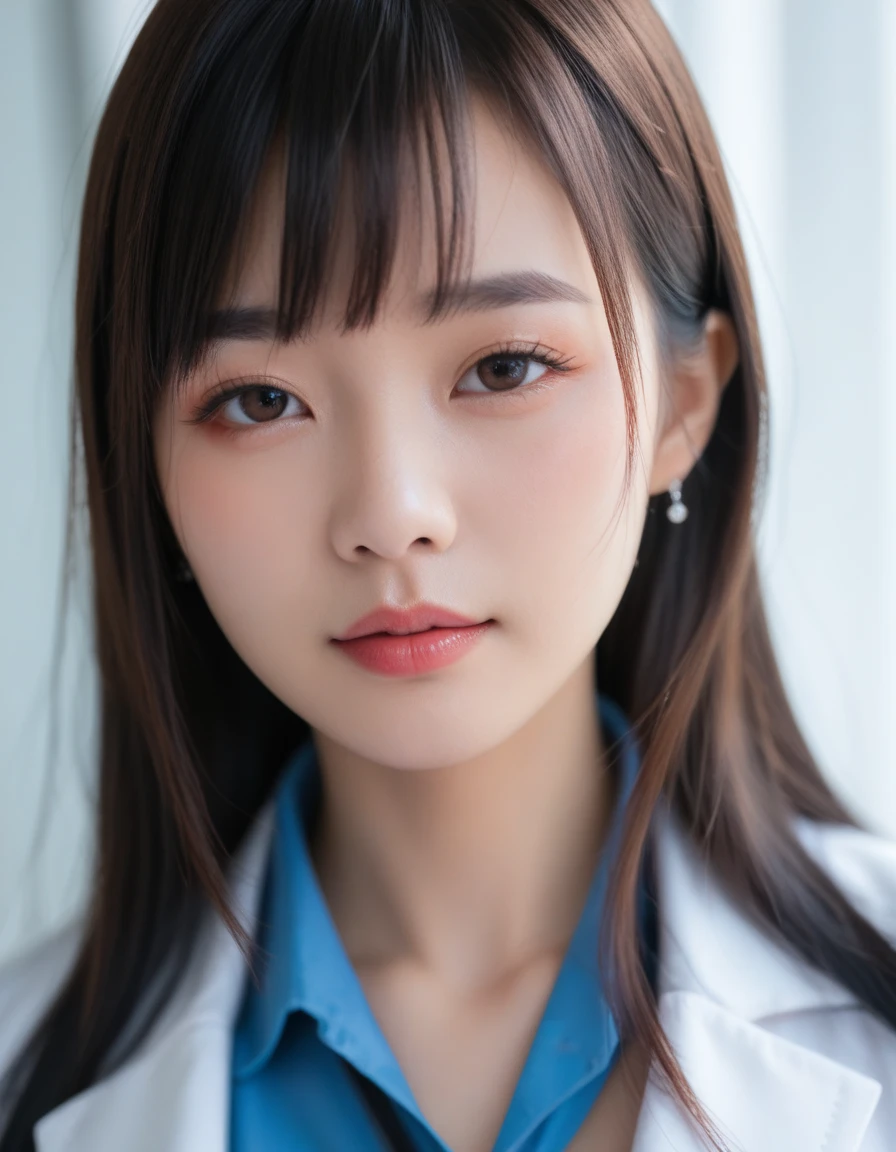 Huge boobs asian, big breasts, very realistic, close up portrait,  doctor cosplay. Sexy doctor. Korean. Bangs, hair bangs. (Very large boobs)