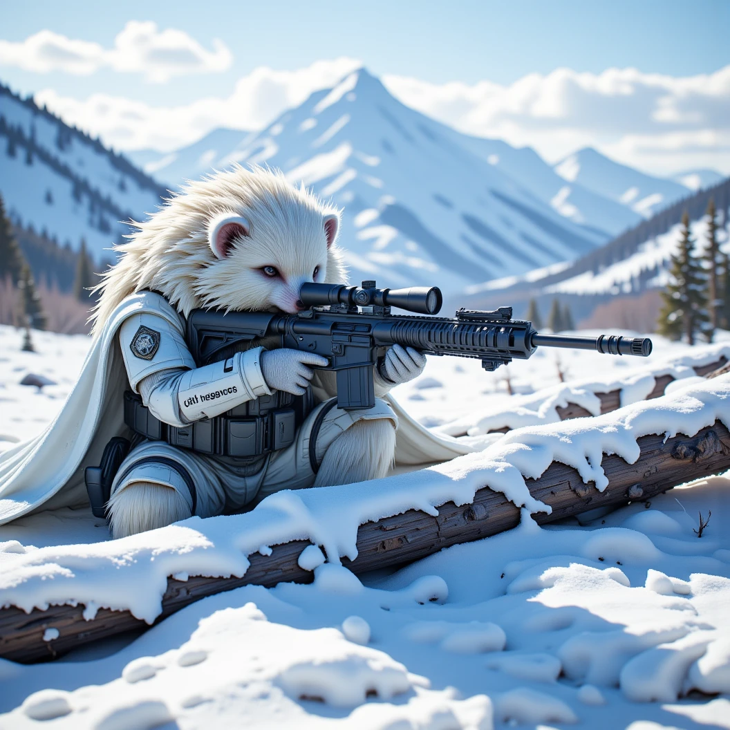 A large, muscular snow white hedgehog sniper donned in modern snow camo armor with a white cloak. Laying on his belly in a prone position, looking through the scope of his long sniper rifle. Resting his rifle on fallen, snow covered trees, providing cover. Camouflages in snow. Dynamic pose. Scanning a snowy landscape for enemies. Mountain range in the distant background. The name "CLT Hedgehog" etched boldly on his armor. High Resolution, Masterpiece, UHD, Character Design, Conceptual Art, Digital Art, Hyperdetailed, Hyperrealism, Depth Of Field, Image Fill, Cinematic Lighting.