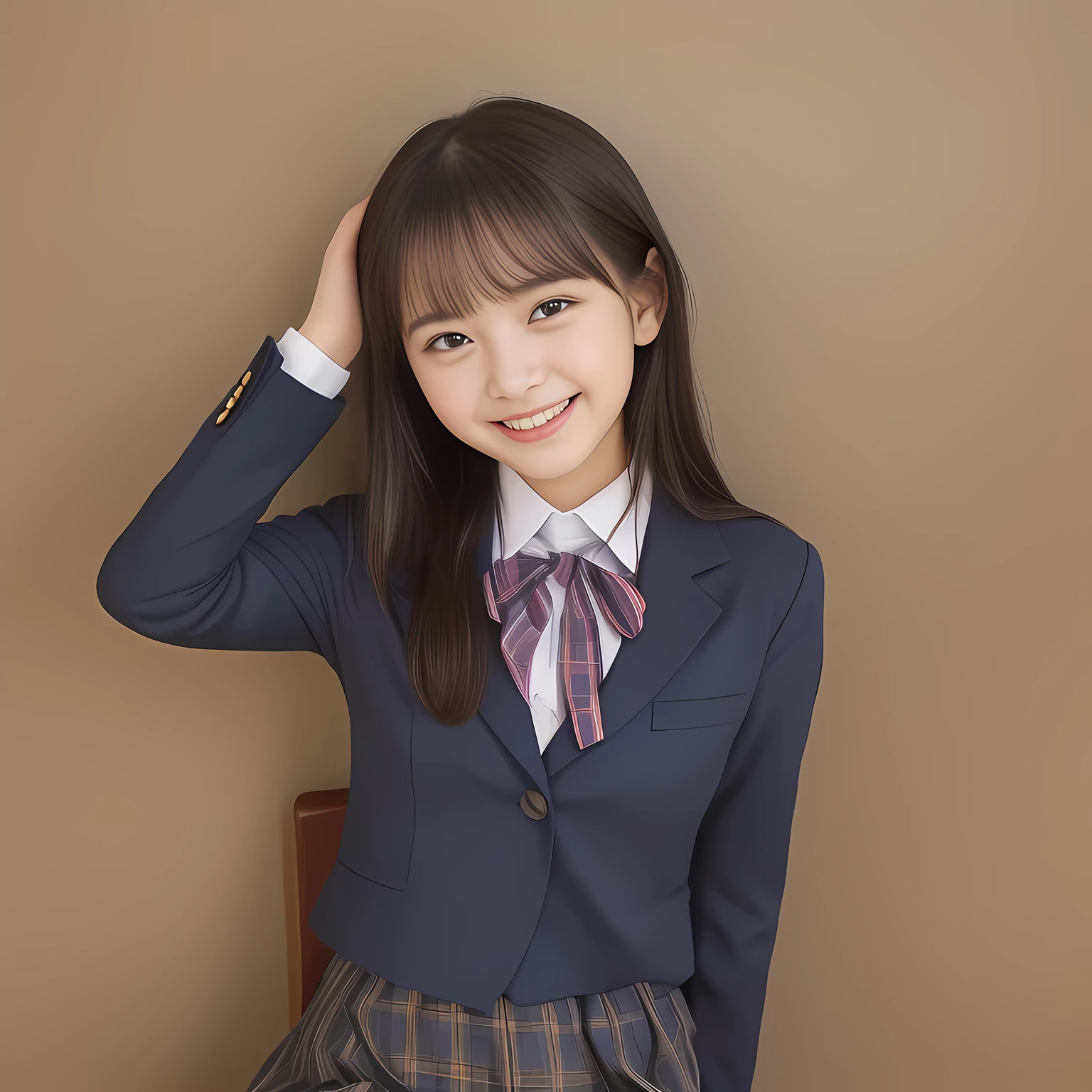 (Highest quality, masterpiece:1.2), Highest quality, High resolution, 1080P, 8k, clearly detailed, (yo girl's magazine fashion models is seated and melting the viewer by her smile and both hands, bending down at the waist and their shining eyes are looking at the viewer directly, melting the viewer's mind, full of girly lovely dream background: 2.0) (Nobly bowing super-pretty shining-long-hair super-beautiful super-bewitching super-cute expensive school-uniform pretty slender 14-fashion-model of most-beautiful-school-uniform-girl-models photo-magazine in Japan, too beautiful aristocratic daughter laughing at the viewer, in supreme bliss, bowing and accepts the viewer's every desire: 1.8), (long bottom eye-slashes, long top eye-slashes), (very bewitching beautiful full-open lips: 1.4), (neat gorgeous school uniform of private high school in Japan. dark-blue-school-blazer with gold-emblem, super-neat dark-blue-blue-lined-tartan-checkered light-sky-blue-pleats-school-skirt under the blazer, super-girly plain-red ribbon on the breast: 1.5), (bewitching expression, smile, lips, and pose to melt the viewer's mind, everything is planned and prepared to melt the viewer into the allusion of love towards the girl: 1.2), (clearly detailed foreground focusing on girl's beauty and cuteness, gorgeous blue girly bed background of full-of-girls girly-heaven: 1.2), (extending her arms to the viewer like requesting hugging, calling out the name of the viewer loudly), (sky-blue checkered school skirt), (several golden heart-figured cute accessories)