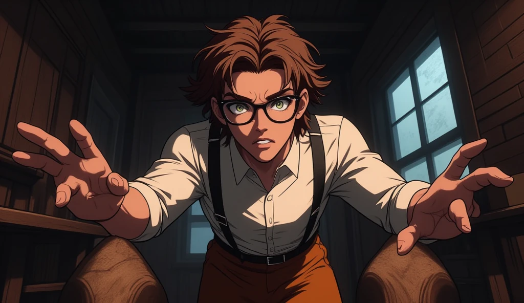 An anime-style illustration of a male character with a notably elongated face and detailed facial features. He has tousled, medium-length, slightly wavy brown hair with natural sheen and lighter brown highlights. The character wears stylish black glasses, showcasing large, expressive hazel eyes with green flecks. His outfit consists of a white dress shirt with sleeves rolled up to the elbows, paired with burnt orange formal pants with a tailored fit, black suspenders crossing at the back, and black dress shoes with brown soles. The scene is set inside a wooden house at night. The perspective is from below, looking upwards at the character. His trembling hands are in the foreground, dramatically close to the viewer, while his face shows an expression of terror, lips slightly parted, and his glasses emphasized. The wooden interior and nighttime setting are enhanced with dramatic lighting and shadows to heighten the tense atmosphere. Horizontal composition.