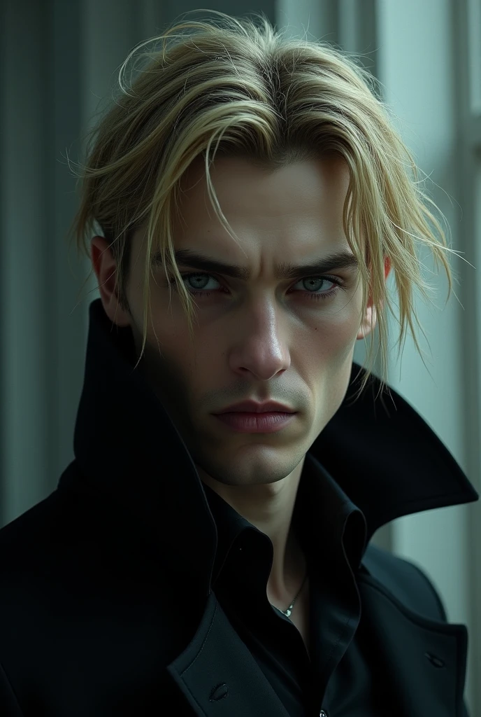 Final fantasy male that has Spikey blond hair shaved to the side, black lipstick and eyeliner, pericings and tattoos with turk agent outfit in final fantasy game