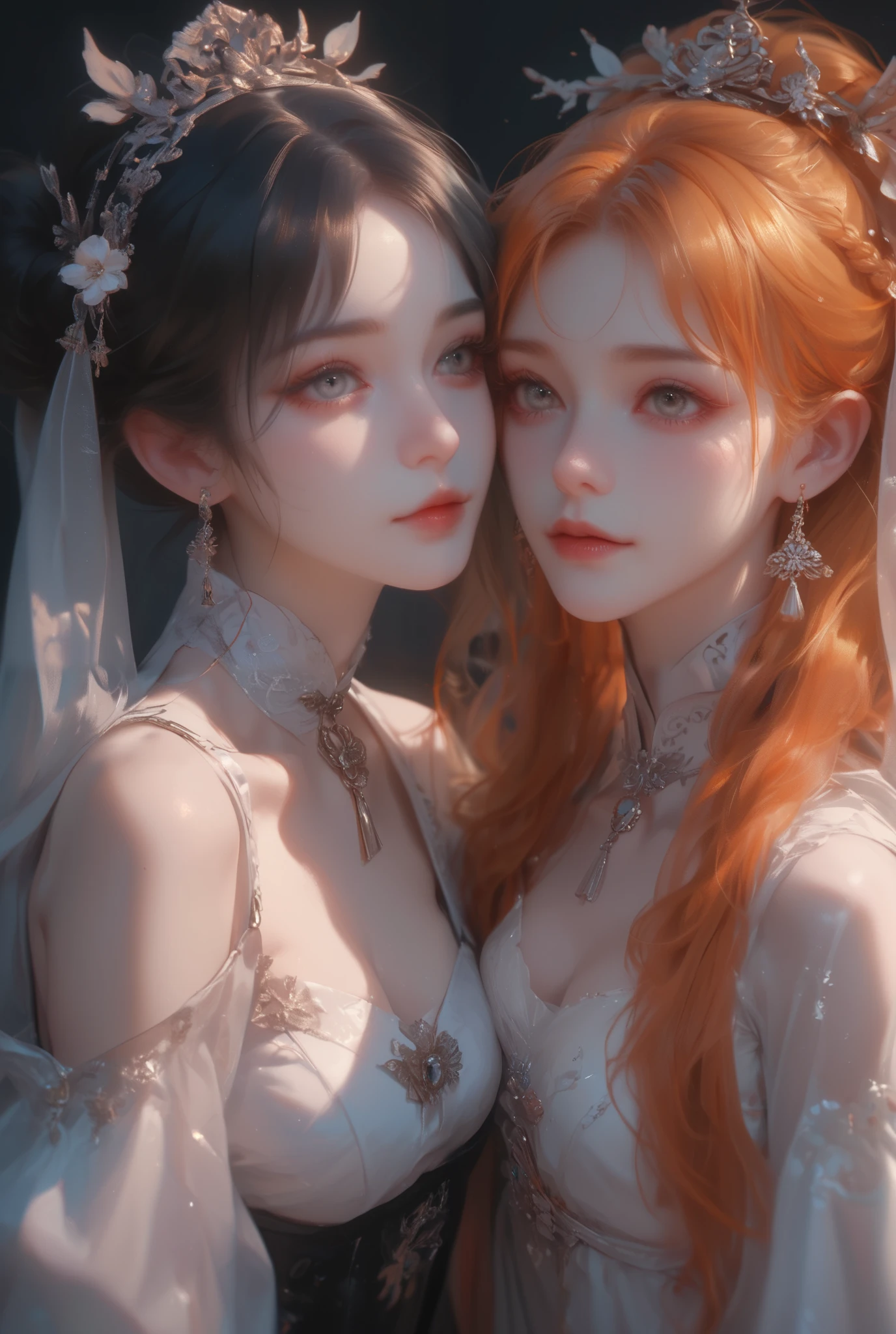 Use muted colours to create a soft and dynamic illustration of two beautiful women; one has pale skin, wavy shoulder-length orange hair, foxy silver eyes, and a playful expression; one has pale skin, long straight black hair, droopy silver eyes, and a relaxed expression; they're both on a black background. 