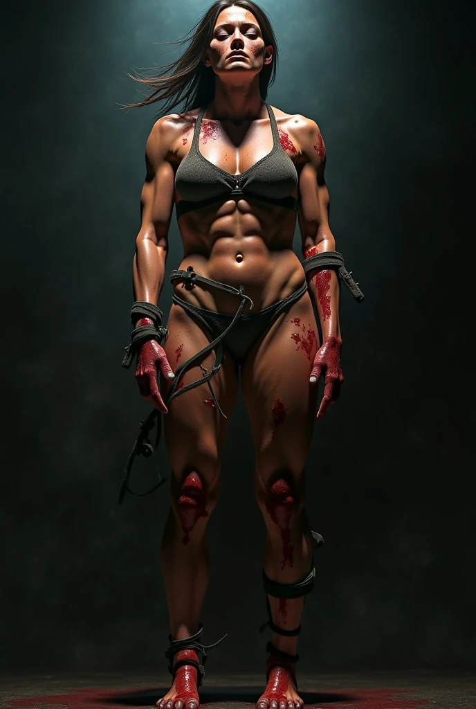 ((bloodstains)), ((respingos de bloodstains)), ((bloodstains nas roupas)), ((mancha de bloodstains)), hospital, (nurse uniform), (has an electric saw), (zombie's), absurderes, foto RAW, extremely delicate and beautiful, Masterpiece artwork, muscular woman, extremamente musculosa extremely large physique, extremely muscular legs, extremely muscular arms, extremely large physique, very muscular,best qualityer, ultra-high resolution, 32k, hyper realist, ultra-detailed, Detailed Description, skin fair, 20 year, crying mole, 耳环, Colossal, short medium hair, wavyhair, evil smile, full body shot,