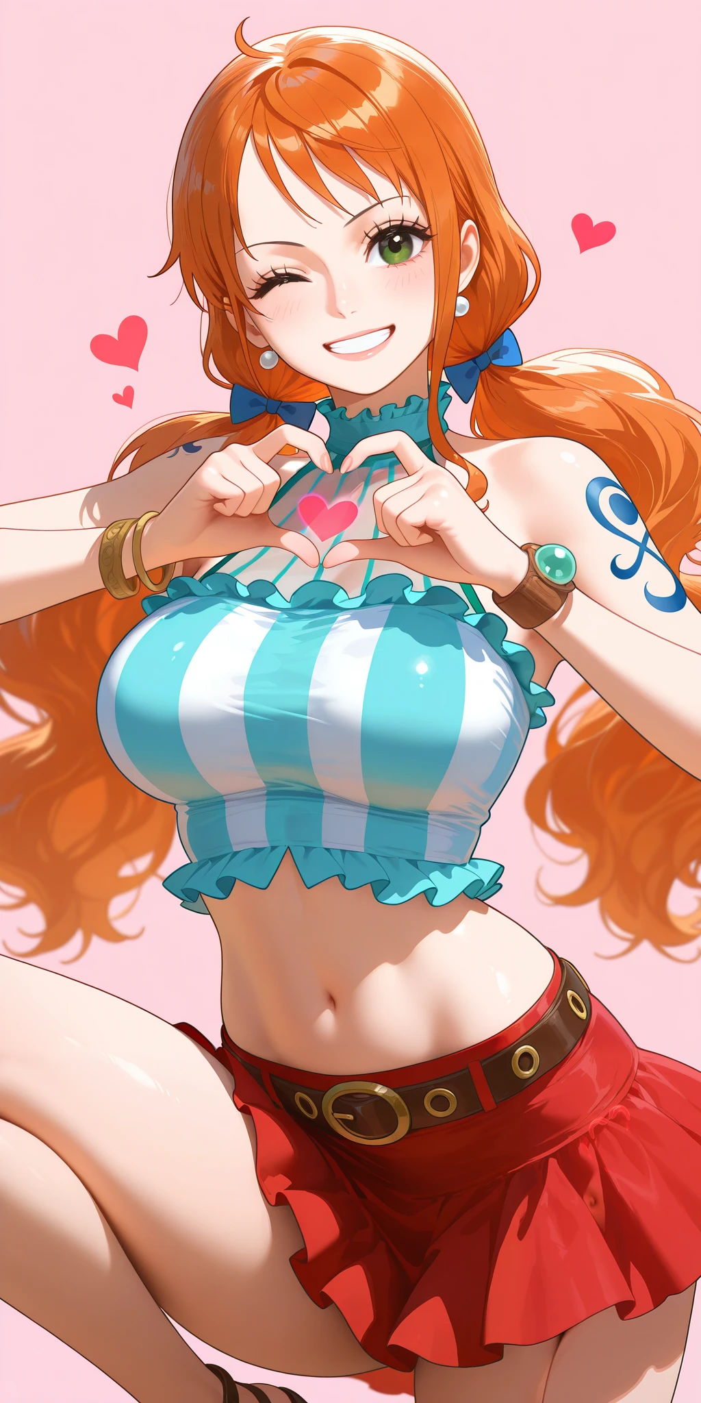 masterpiece, best quality, amazing quality, 1girl, Nami, one piece, green eyes, orange hair, long hair, low loose twintails, transparent halter neck, frills, navel, red skirt, belt, bracelet, heart hands, heart fingers, wink, grin, cowboy shot, leg up, standing on one leg, simple background