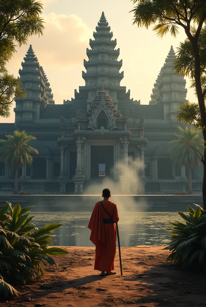 a Cambodian monk is meditating, walking in front of ankgkor wat the temple, the temple is in the forest, raw photo, surreal photo, unreal engine 4, 8k, super sharp, detailed colors, wide color coverage , extreme scene detail, shading, anti-aliasing, error detail smoothing,raw photo, surreal image, unreal engine 4, 8k, super sharp, detailed colors, wide color coverage, extremely high scene detail, shading, anti-aliasing, error detail smoothing, raw photo, surreal photo, unreal engine 4.8k, super sharp, detailed color, wide color coverage, scene detail extremely tall object , (8k, RAW photo, best quality, masterpiece:1.2), (realistic, photo-realistic:1.37),modelshoot style, (extremely detailed CG unity 8k wallpaper),professional majestic oil painting by Ed Blinkey, Atey Ghailan, Studio Ghibli, by Jeremy Mann, Greg Manchess, Antonio Moro, trending on ArtStation, trending on CGSociety, Intricate, High Detail, Sharp focus, dramatic, photorealistic painting art by midjourney and greg rutkowski, scene detail extreme objects, shading, anti-aliasing, error detail smoothing