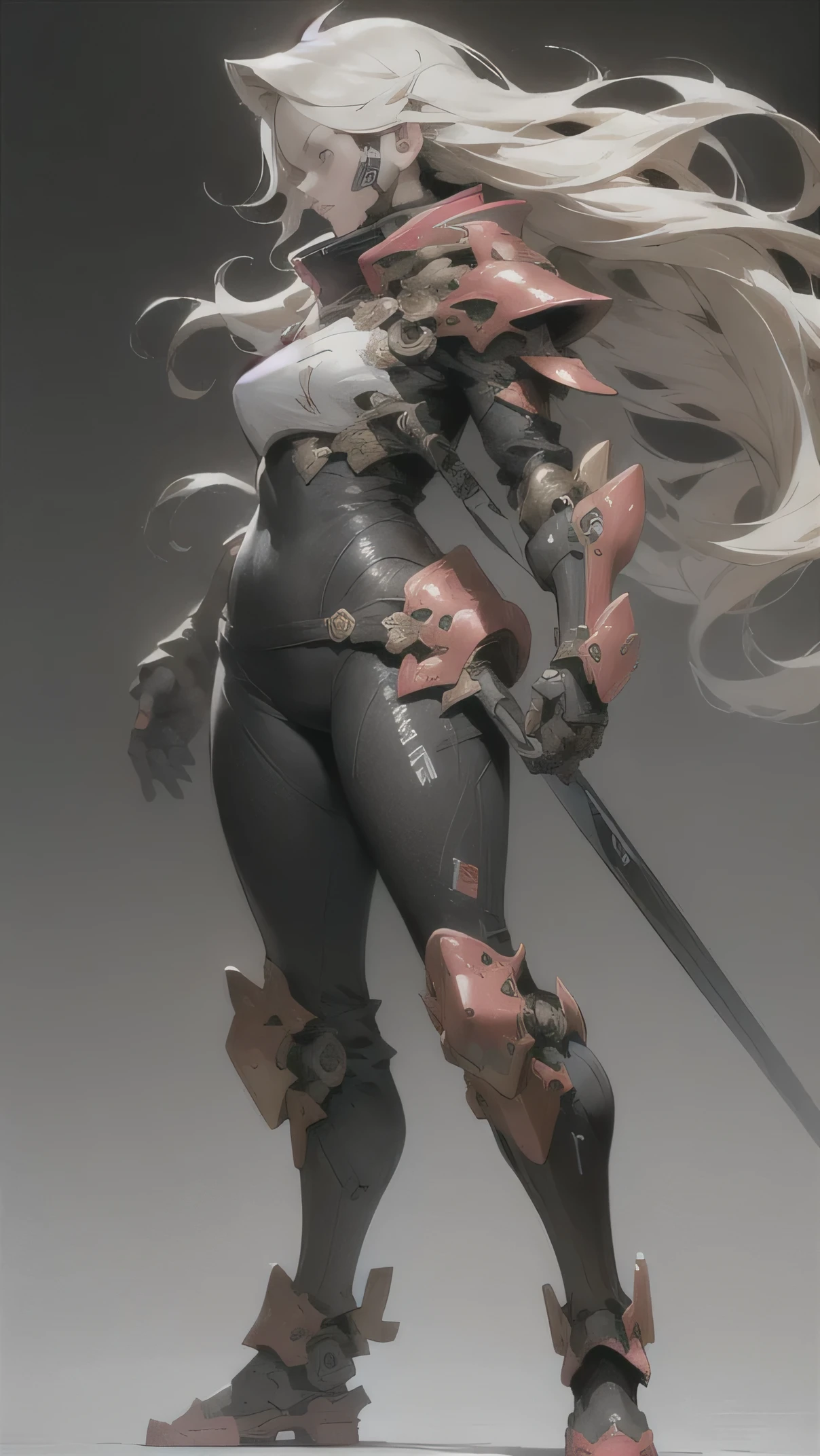 masterpiece, ultra quality, illustration, 1 japanese blonde long hair girl serious face, wear black and white powered armor, dynamic standing pose, many of spark around her, effect line, from front, atmosphere, from front, full body shot,
