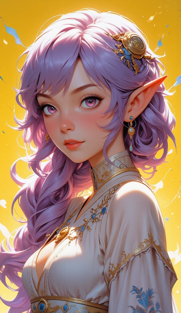  Close-up from waist to head:
 A beautiful young Korean woman . 
lilac colored hair, curly, Foot-length . 
 Violet eyes, cristalline, expressive, obfuscating, incandescent,  pencils around . 
 thin and delicate lips , Red color.
thin neck.
 Medium and pointed breasts .
 Elf's Ear. 
 expression of happiness. 
 long dress , with embroidery , Angelic Style.
 seen from the front. 
 Simple yellow background .