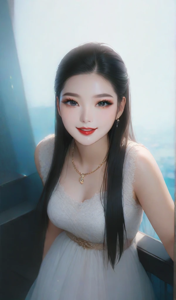 1 girl, 19 years old, south korean, 4k, masterpiece, frekles under eyes, long whavy brown hair, bright blue eyes, red lips, red eyeliners, massively large breast, off shoulder pink dress, discovered breast, tattoo in the neck, gold necklase, tilted head, happy, big smile, perfect teeth, lots of frekles under eyes, detailed face, night time, lying in a bed, facing camera.