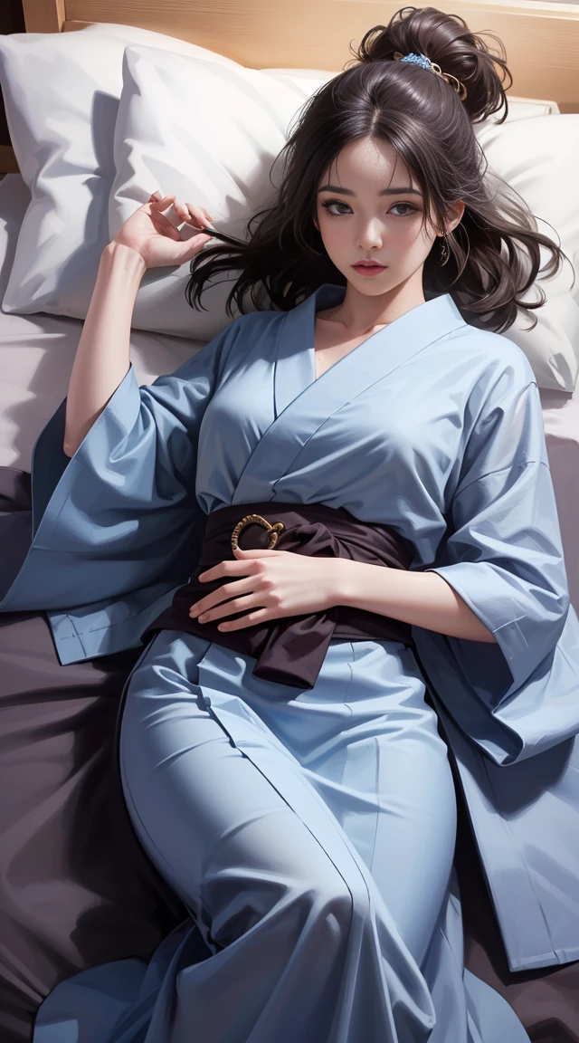 (masterpiece,Super detailed,8K,highest quality:1.5),((very cute)),best image quality, two dimensional beauty,sensual figure,intricate details,charm, realistic texture, charmな,(moonlight、Firefly Light:1.3),(Wearing a blue yukata),bed,(Sleep alone'Came back:1.3) NSFW