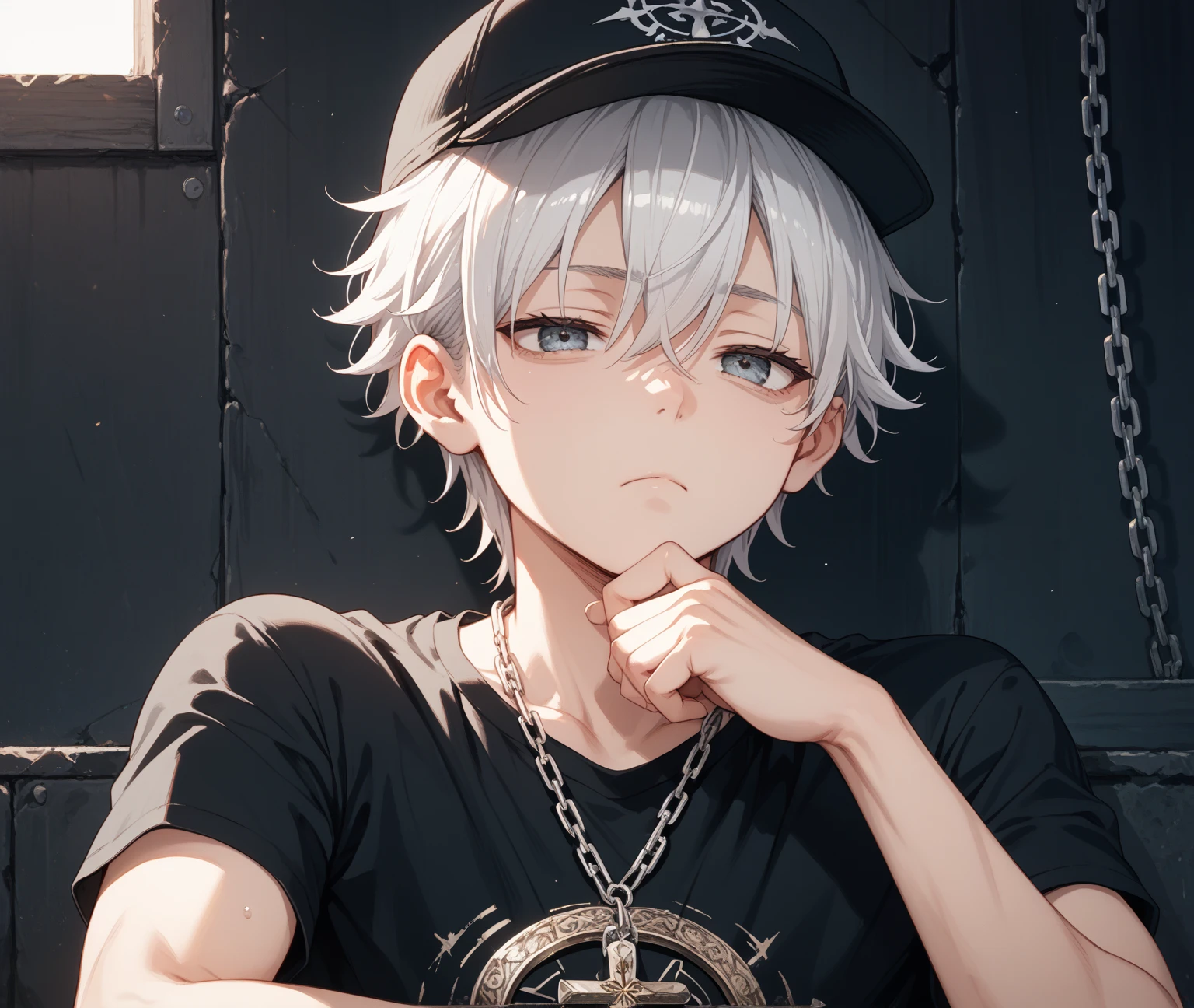 (Anime wind + soft cute) boy, white hair, white shirt, sadness + crying, ground + vista, tears. Bound by chains, hands touching the iron chains around his neck, there were others behind them